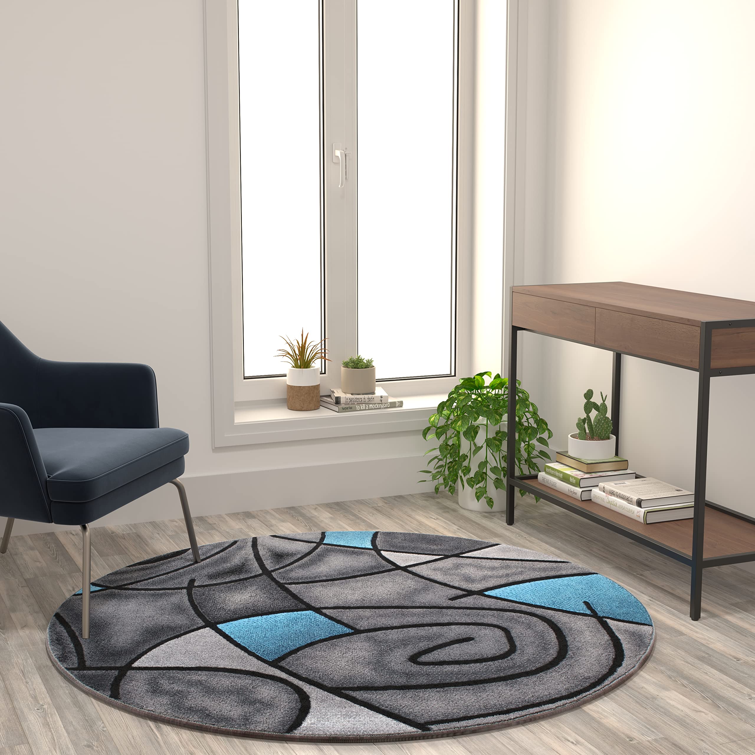 Flash Furniture Jubilee Collection Abstract Area Rug - Colorfast Blue Olefin Rug - 5' X 5' Round Area Rug - Jute Backing - Living Room, Bedroom, & Family Room