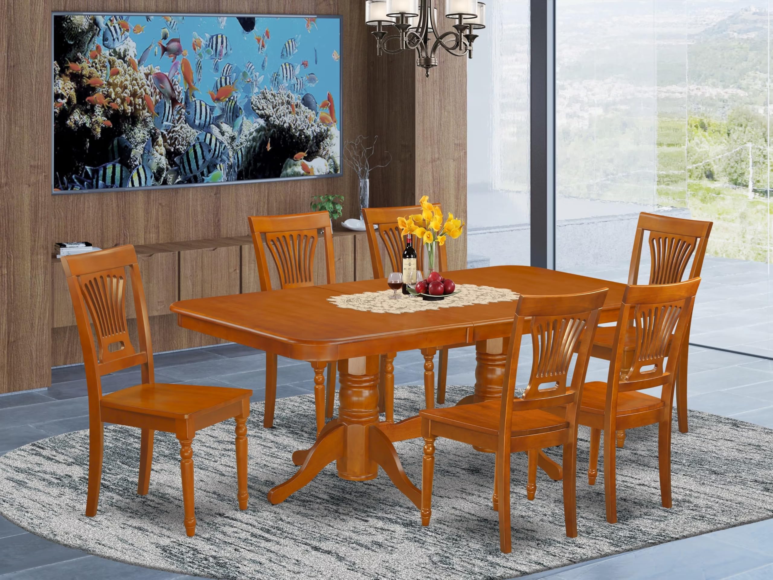 East West Furniture NAPL7-SBR-W 7 Piece Kitchen Table & Chairs Set Consist of a Rectangle Dining Table with Butterfly Leaf and 6 Dining Room Chairs, 40x78 Inch, Saddle Brown
