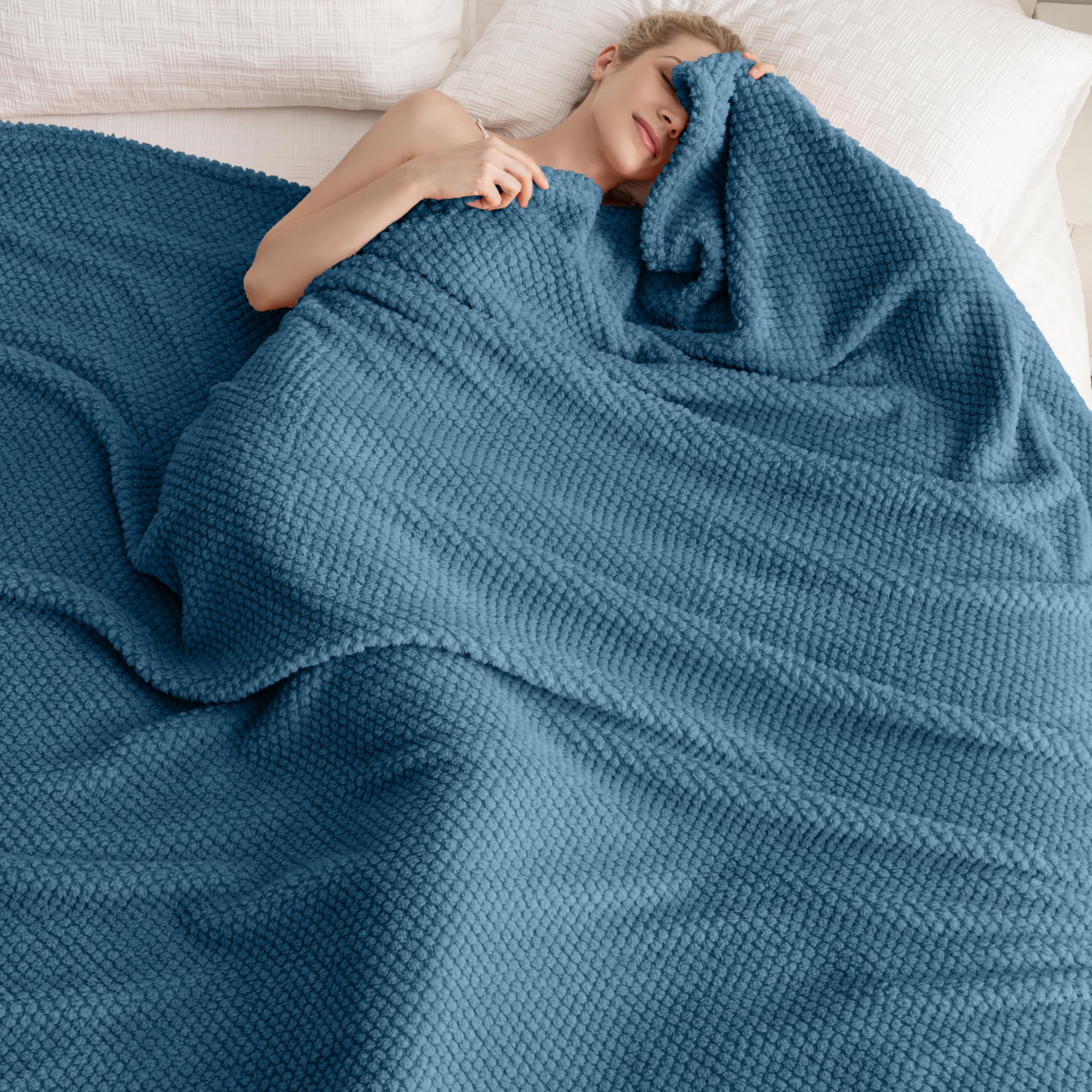 Blue Soft Fleece 300Gsm Twin Blanket For Couch Cozy Flannel Room Decorative Blankets, Lightweight Plush Blanket For Bed Sofa, 60