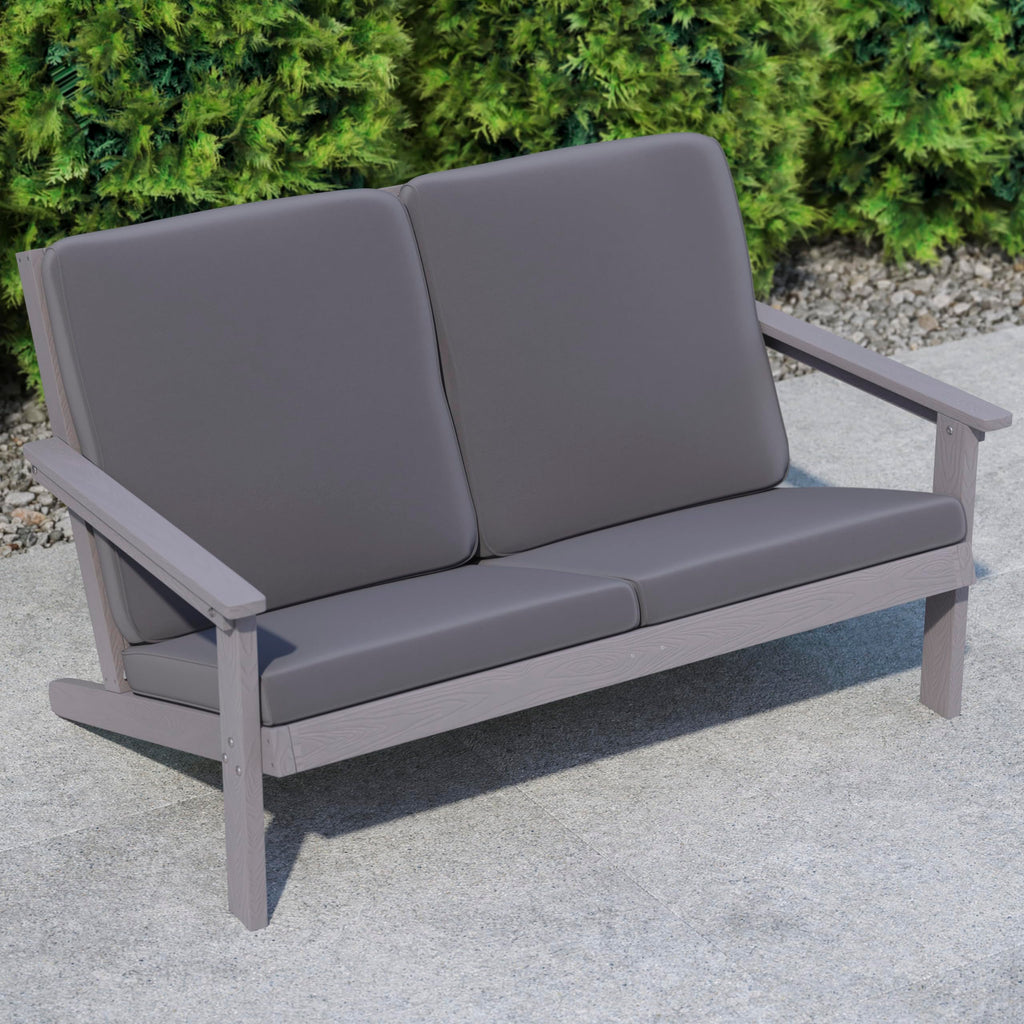 Flash Furniture Charlestown Adirondack Style Deep Seat Patio Loveseat With Cushions - Gray Poly Resin Frame - Gray All-Weather Cushions - Indoor/Outdoor