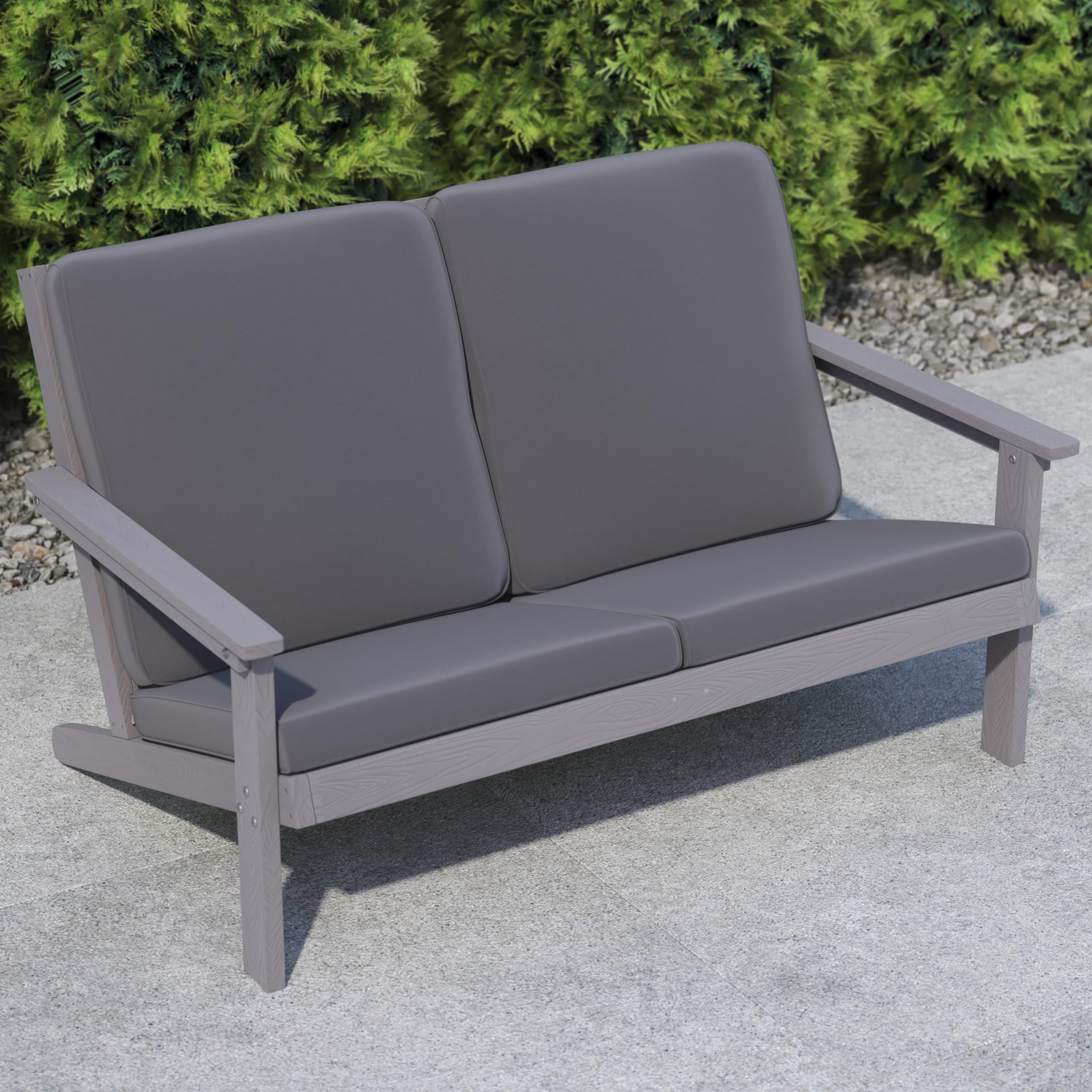 Flash Furniture Charlestown Adirondack Style Deep Seat Patio Loveseat With Cushions - Gray Poly Resin Frame - Gray All-Weather Cushions - Indoor/Outdoor