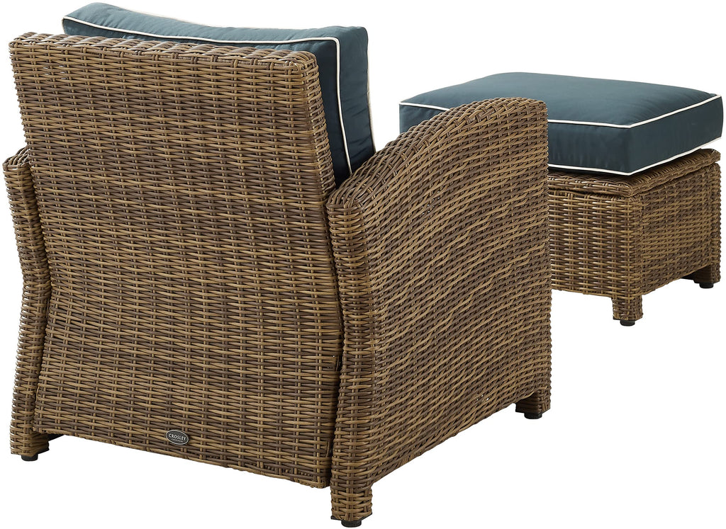 Crosley Furniture Bradenton 2-Piece Outdoor Chair and Ottoman Set, Wicker Patio Conversation Sets for Porch, Brown with Navy Cushions