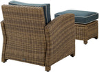 Crosley Furniture Bradenton 2-Piece Outdoor Chair and Ottoman Set, Wicker Patio Conversation Sets for Porch, Brown with Navy Cushions