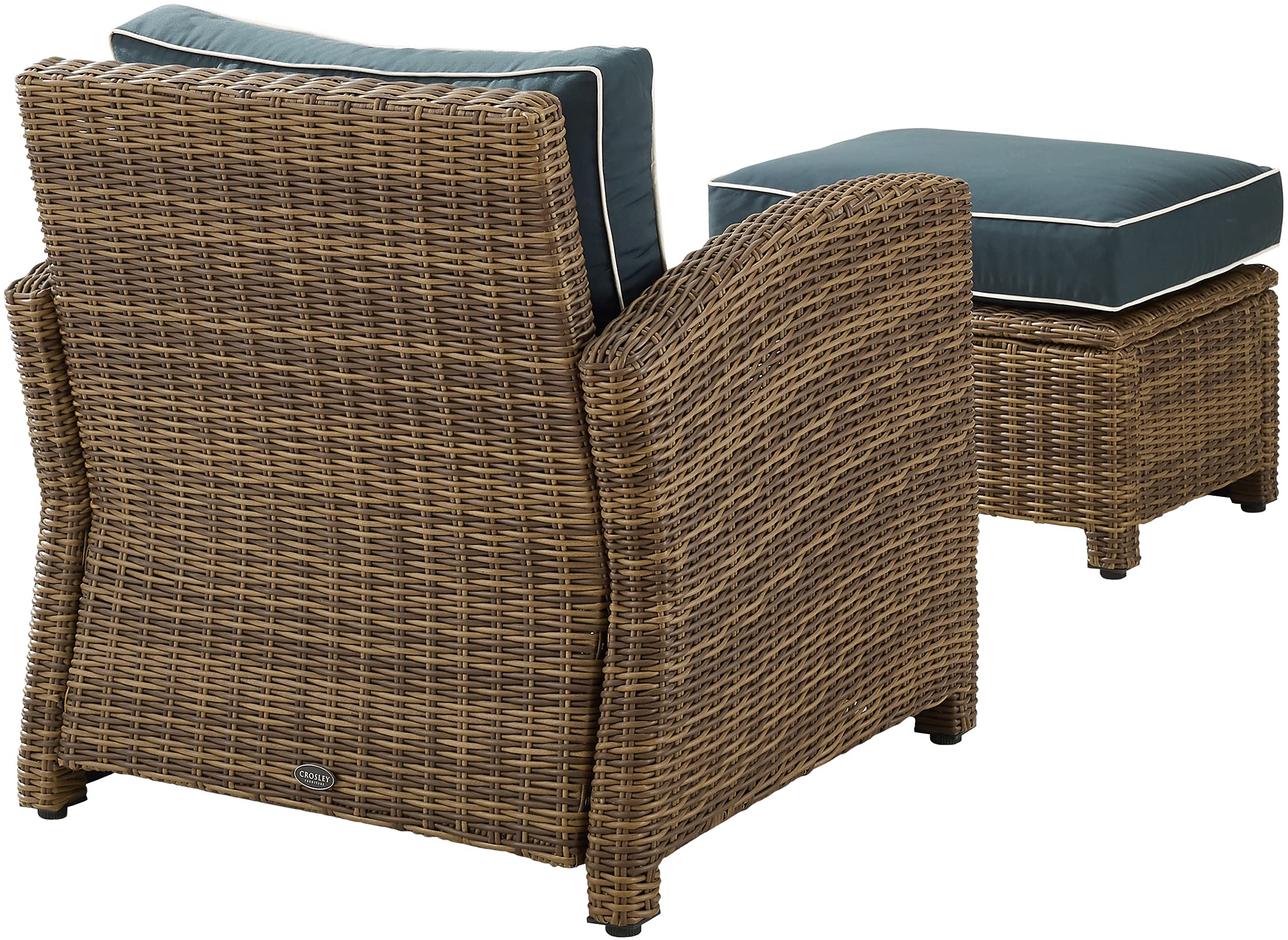 Crosley Furniture Bradenton 2-Piece Outdoor Chair and Ottoman Set, Wicker Patio Conversation Sets for Porch, Brown with Navy Cushions