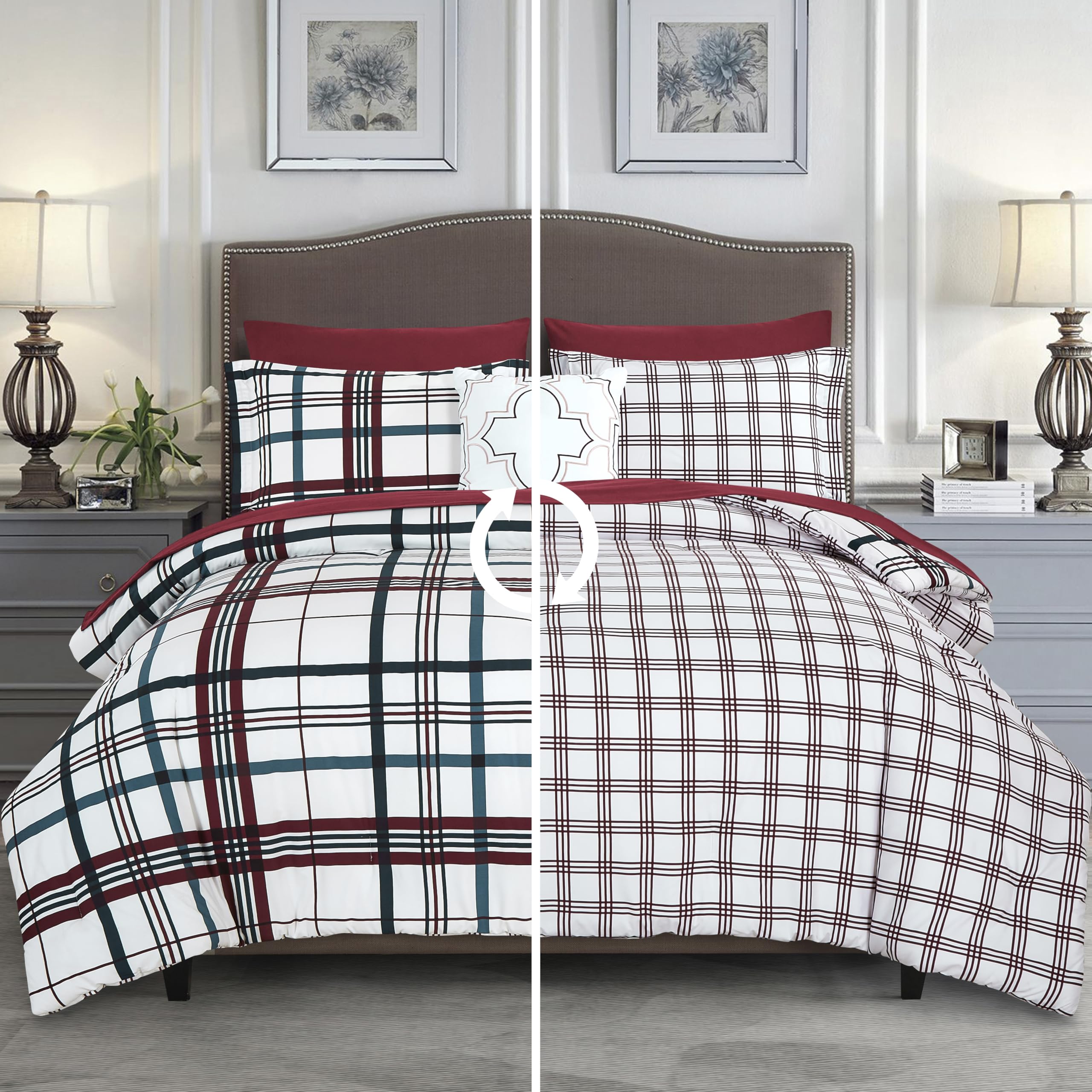 Elegant Comfort 8- Piece Lodge Plaid Reversible Comforter Set Bed-In-A-Bag Set - Silky Soft Complete Set Includes Bed Sheet Set With Double Sided Storage Pockets, Full/Queen, Burguundy