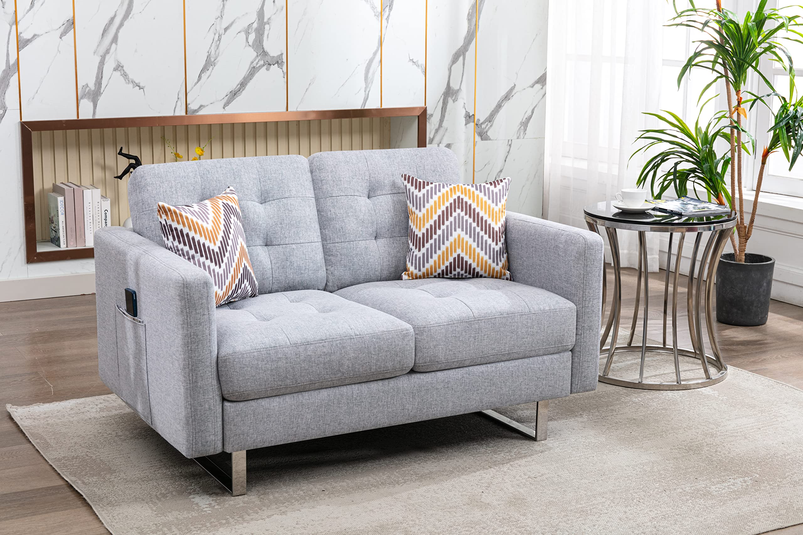 Lilola Home Victoria Light Gray Linen Fabric Loveseat with Metal Legs, Side Pockets, and Pillows