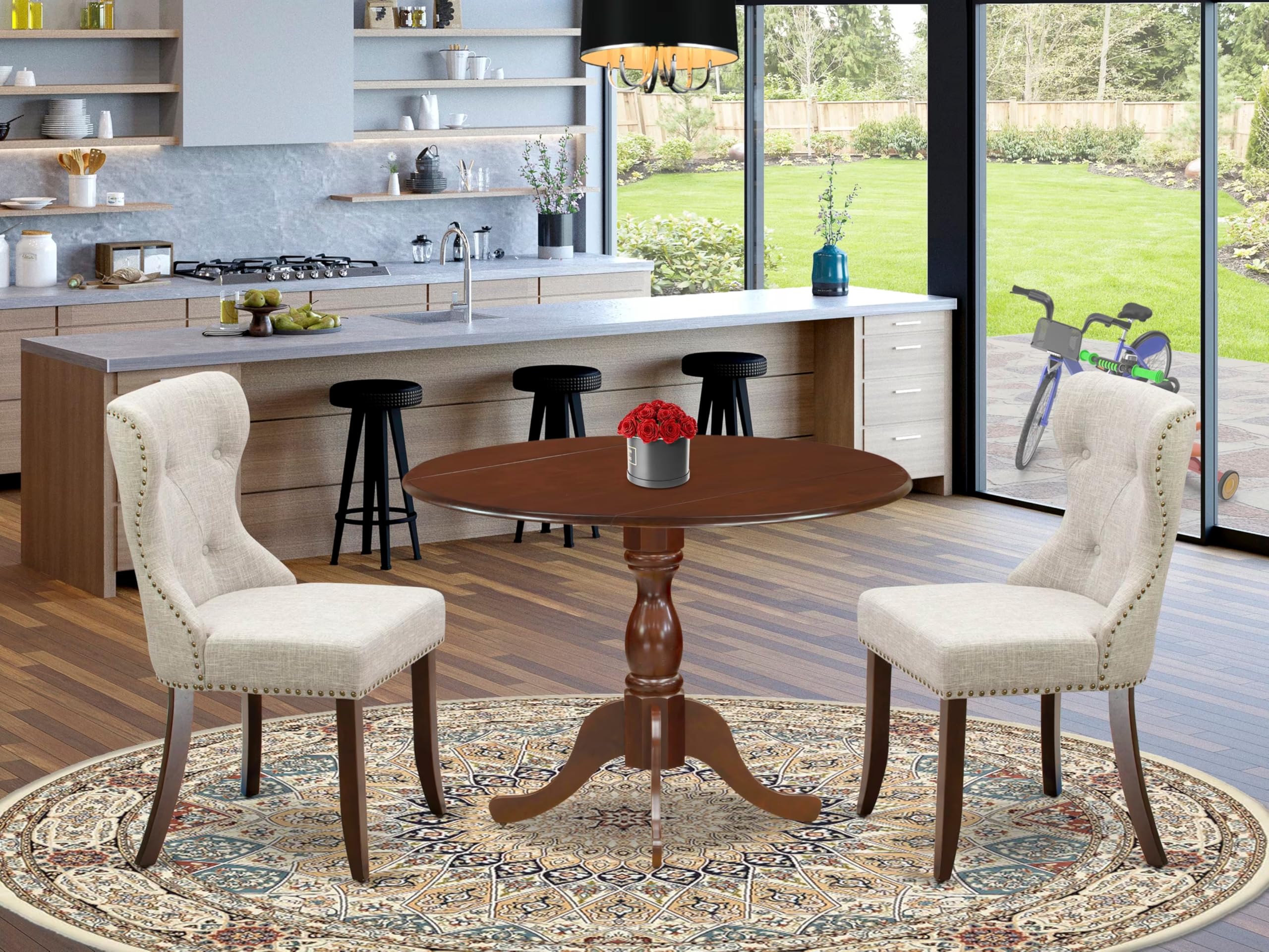 East West Furniture DMSI3-MAH-35 3 Piece Dinette Set for Small Spaces Contains a Round Dining Table with Dropleaf and 2 Doeskin Linen Fabric Parsons Dining Chairs, 42x42 Inch, Mahogany