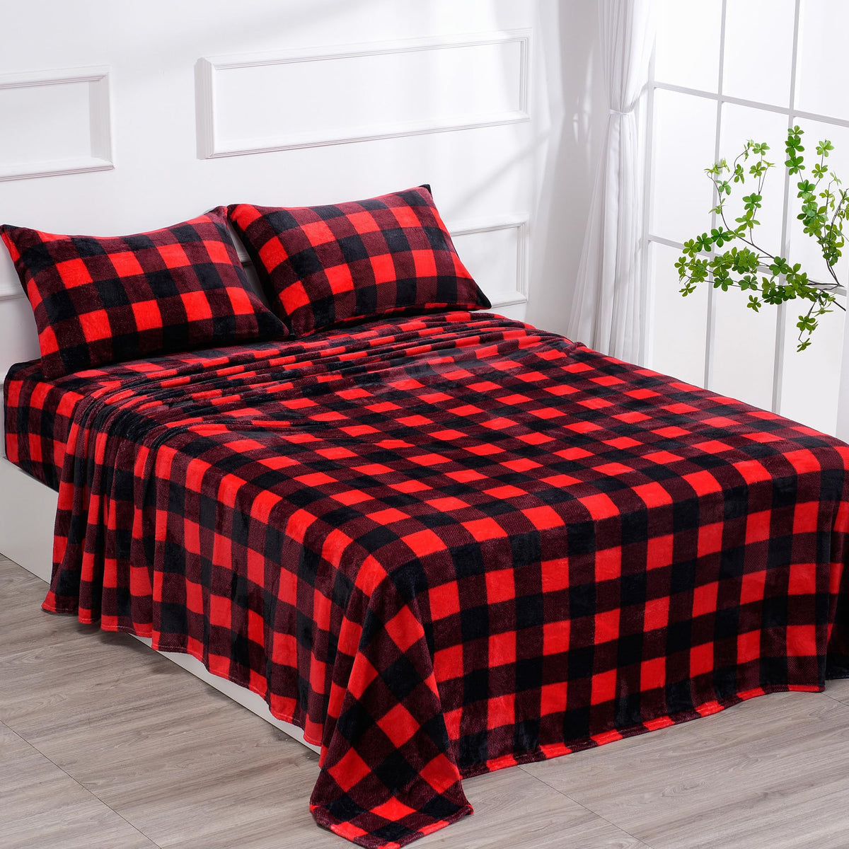 Micro Fleece Checkered Bed Sheet Set Full Size- Ultra-Soft Velvet Plush Bed Sheets With Deep Pockets,No Pilling,Cozy Warmth For