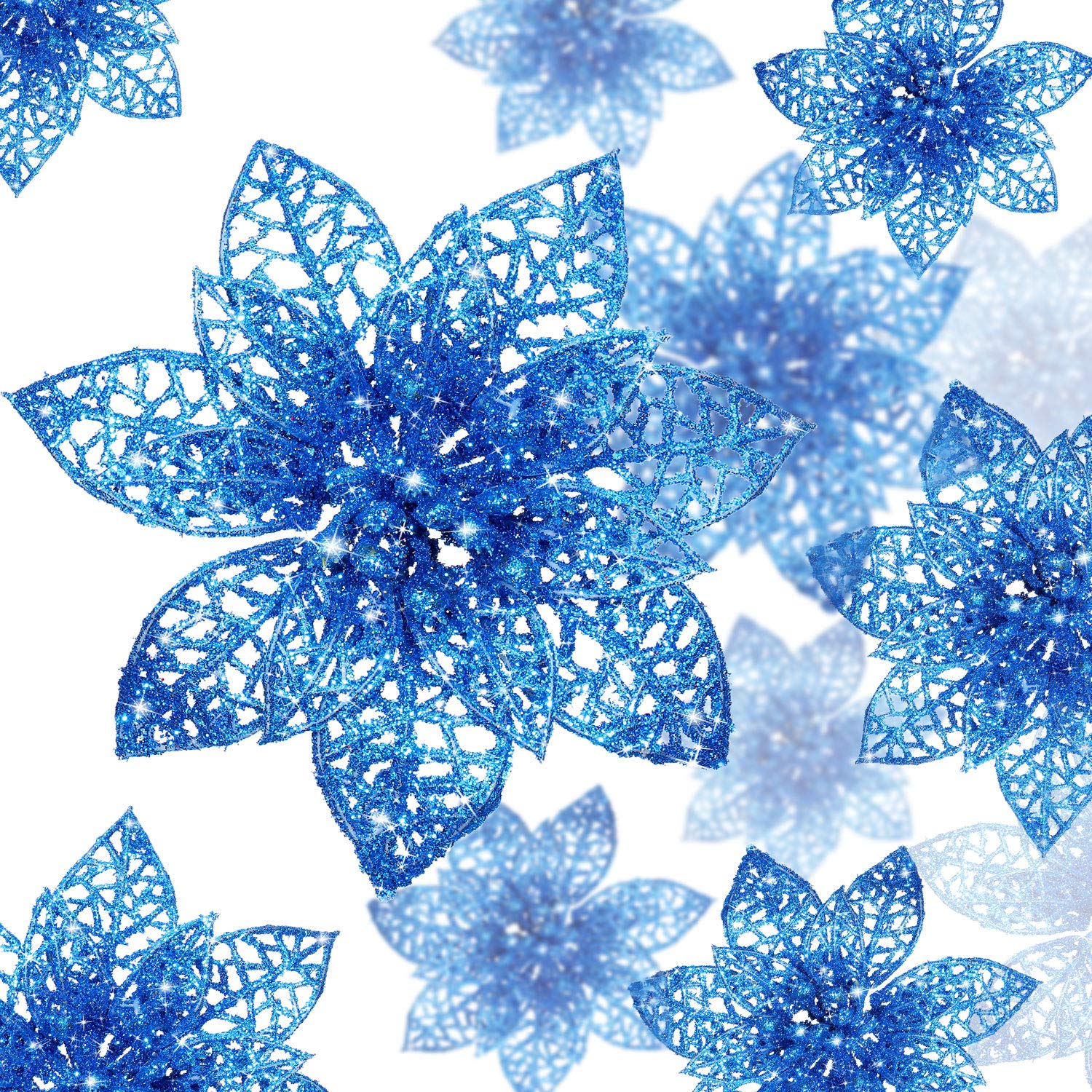 WILLBOND 36 Pieces Christmas Poinsettia Flowers Artificial Ornaments Glitter Christmas Decorations Tree Wedding New Year(Blue)