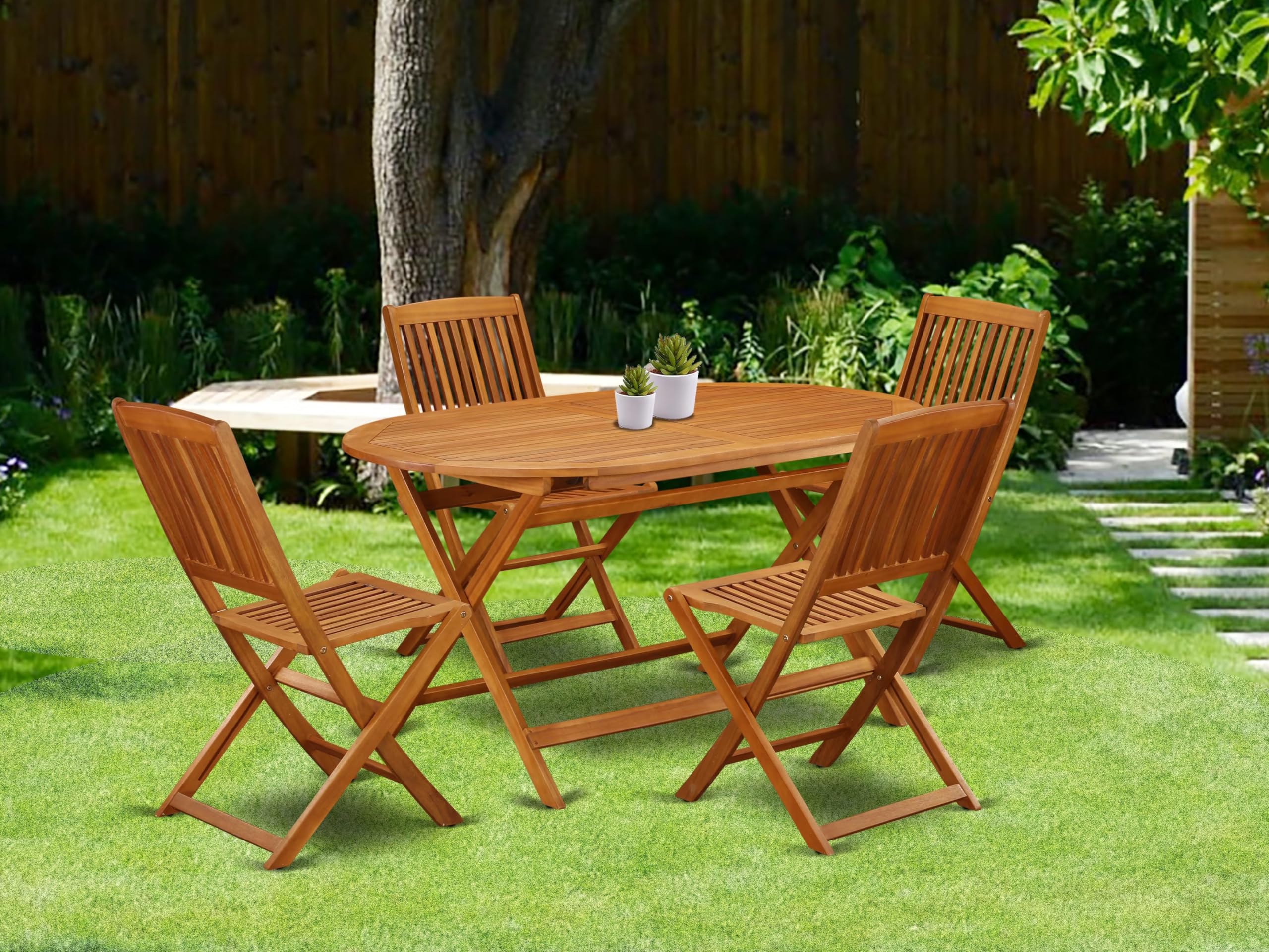 East West Furniture Dicm5Cwna Diboll 5 Piece Patio Bistro Dining Furniture Set Includes An Oval Outdoor Acacia Wood Table And 4 Folding Side Chairs, 36X60 Inch, Natural Oil