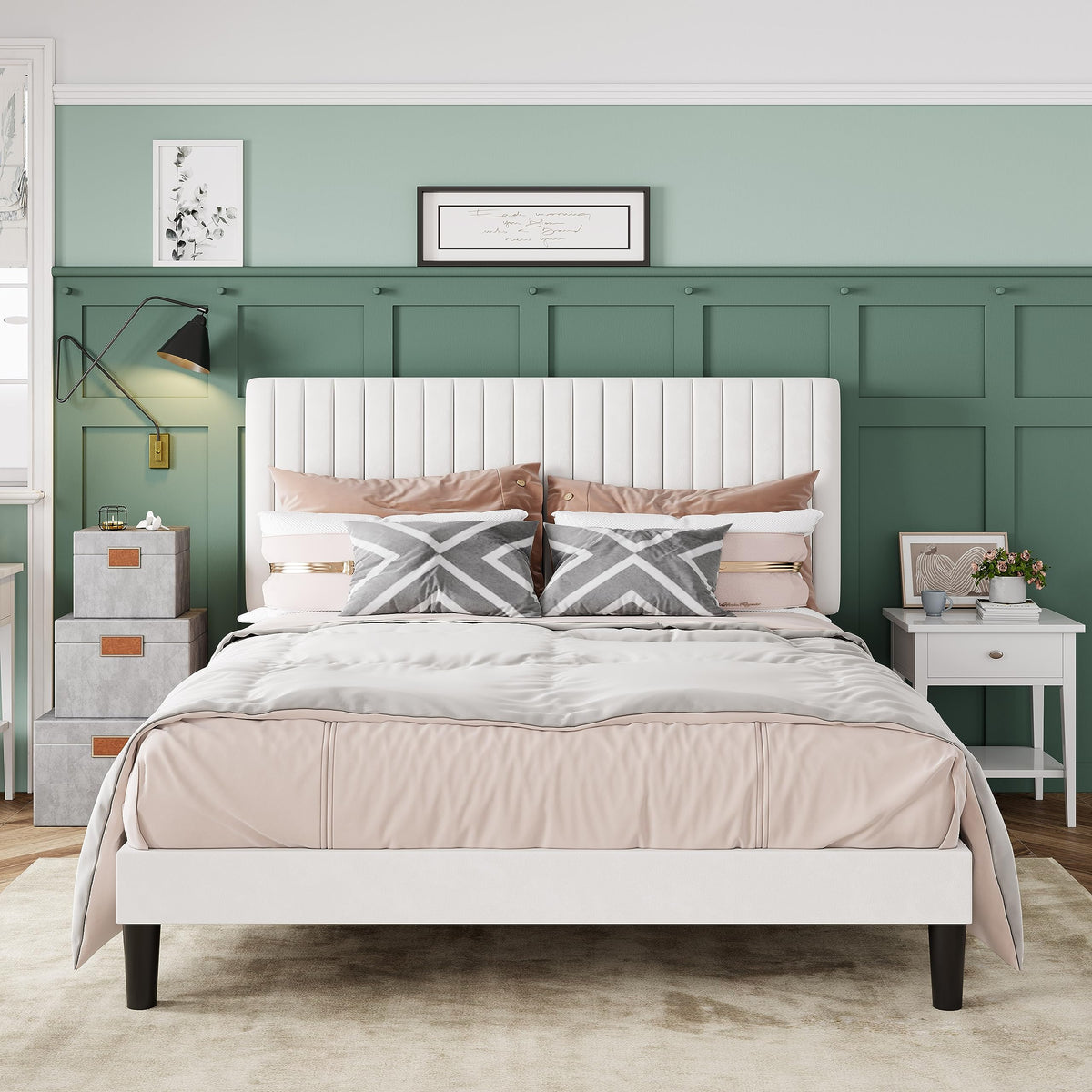 Allewie Full Bed Frame, Velvet Upholstered Platform Bed With Adjustable Vertical Channel Tufted Headboard, Mattress Foundation With Strong Wooden Slats, Box Spring Optional, Easy Assembly, Off-White