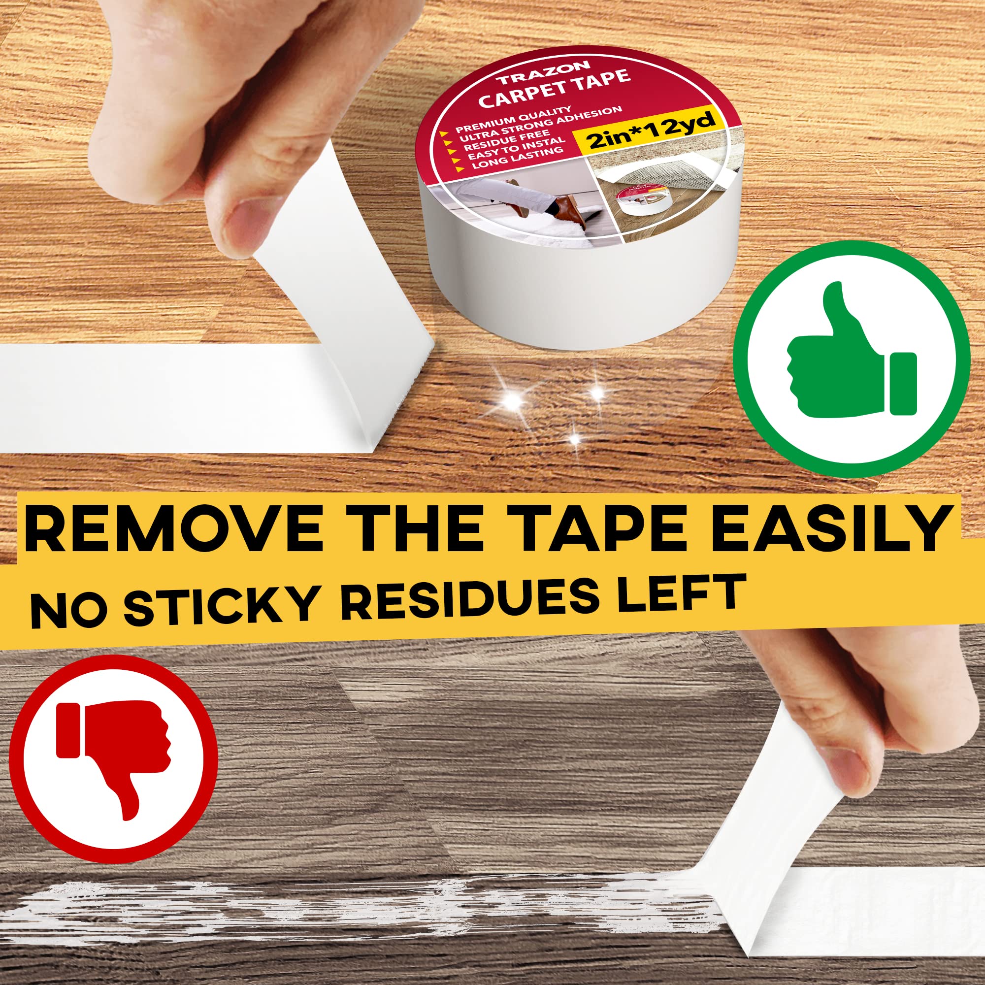 Carpet Tape Double Sided - Rug Tape Grippers For Hardwood Floors And Area Rugs - Carpet Binding Tape Strong Adhesive And Removab