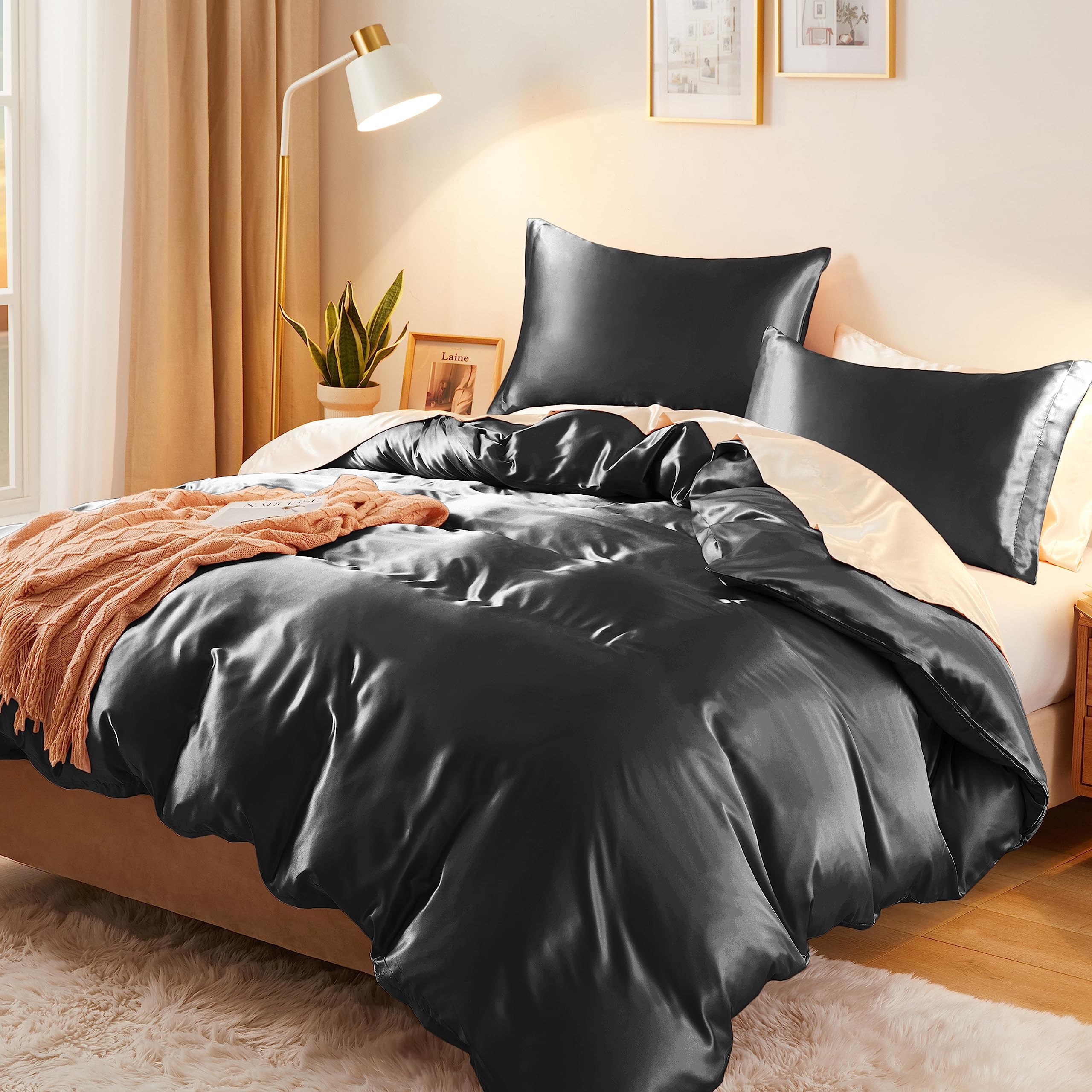Vonty 3-Piece Silky Satin Duvet Cover Set Full/Queen Size Comforter Cover, Organic Natural 400Tc Black Duvet Cover Set - Luxury
