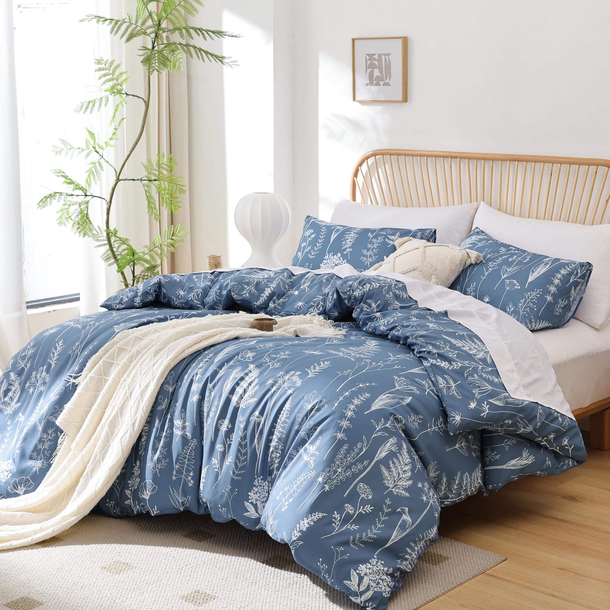 Janzaa Queen Comforter Set Infinity Blue Comforter Floral Bedding Sets 3 Pieces Flowers Bed Comforter 1 Soft Reversible Cute Botanical With 2 Pillow Shams