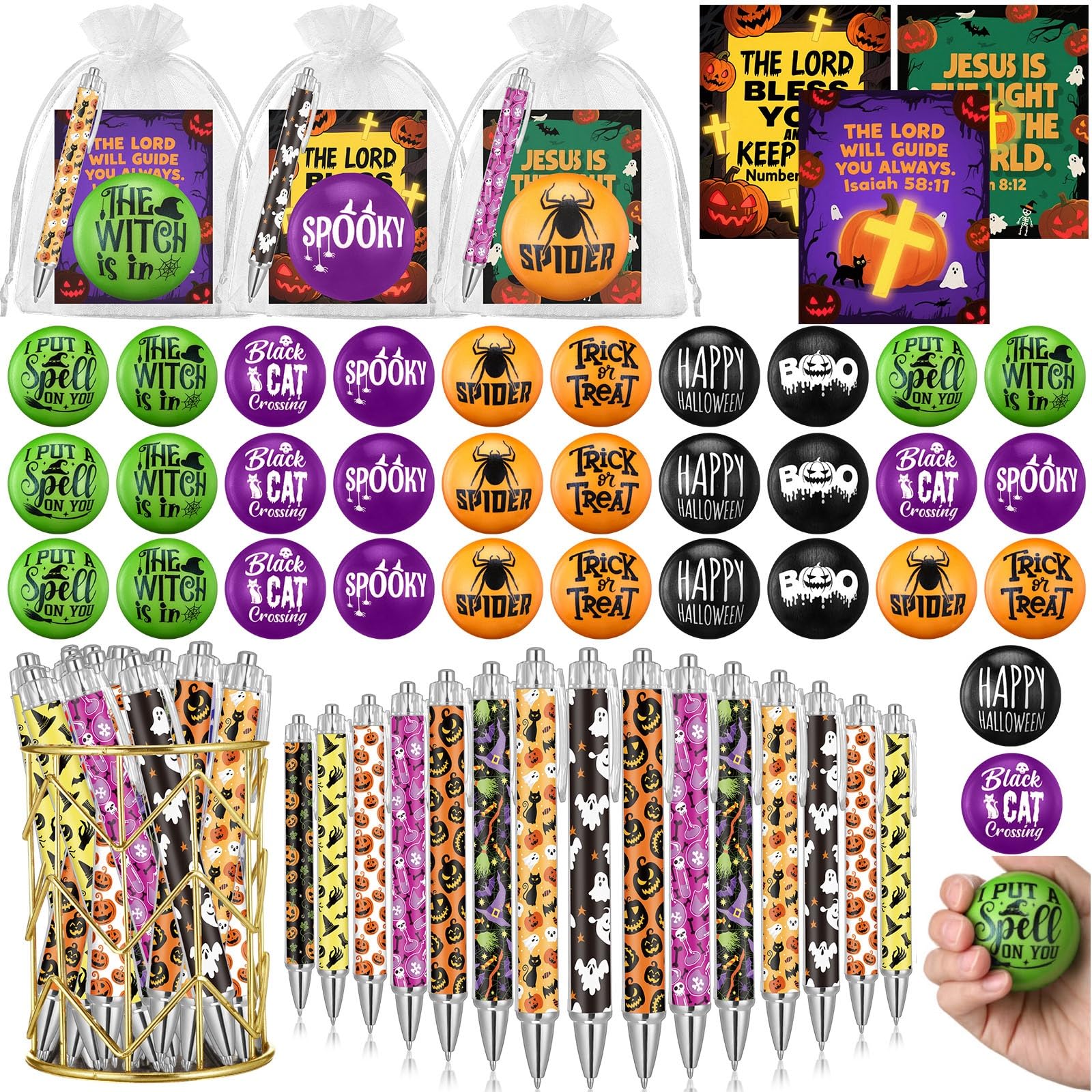 Spakon 128 Pcs 2.2 Inch Halloween Stress Ball and Ballpoint Pens with Gift Cards Set White Organza Bag Mini Stress Relief Fidget