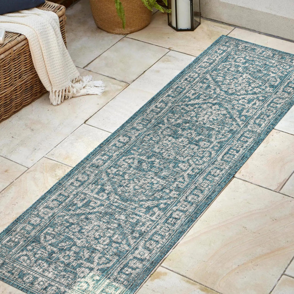 Jonathan Y Smb104B-28 Malta Bohemian Medallion Textured Weave Indoor Outdoor Area Rug, Coastal, Traditional, Transitional Easy Cleaning,Bedroom,Kitchen,Backyard,Patio,Non Shedding, Teal/Gray, 2 X 8