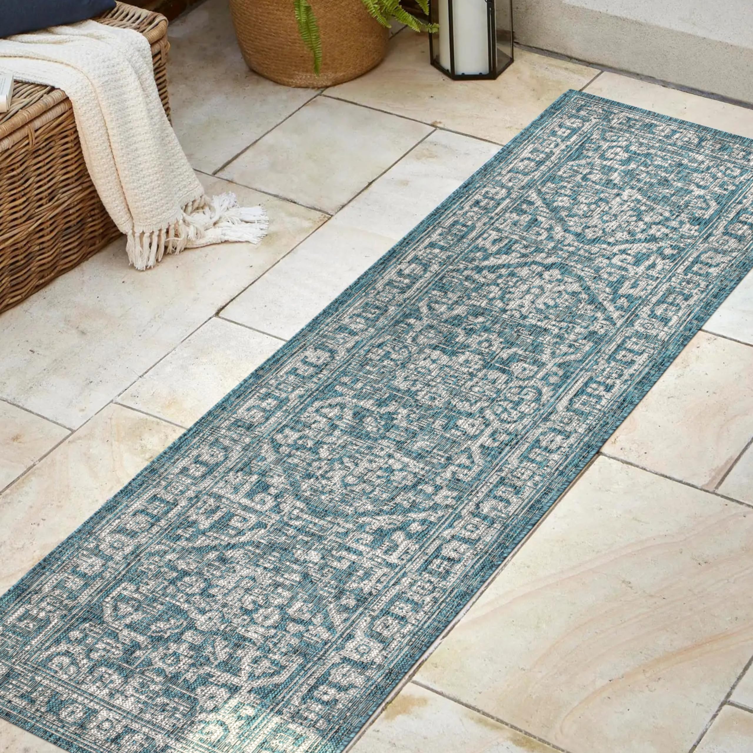 Jonathan Y Smb104B-28 Malta Bohemian Medallion Textured Weave Indoor Outdoor Area Rug, Coastal, Traditional, Transitional Easy Cleaning,Bedroom,Kitchen,Backyard,Patio,Non Shedding, Teal/Gray, 2 X 8