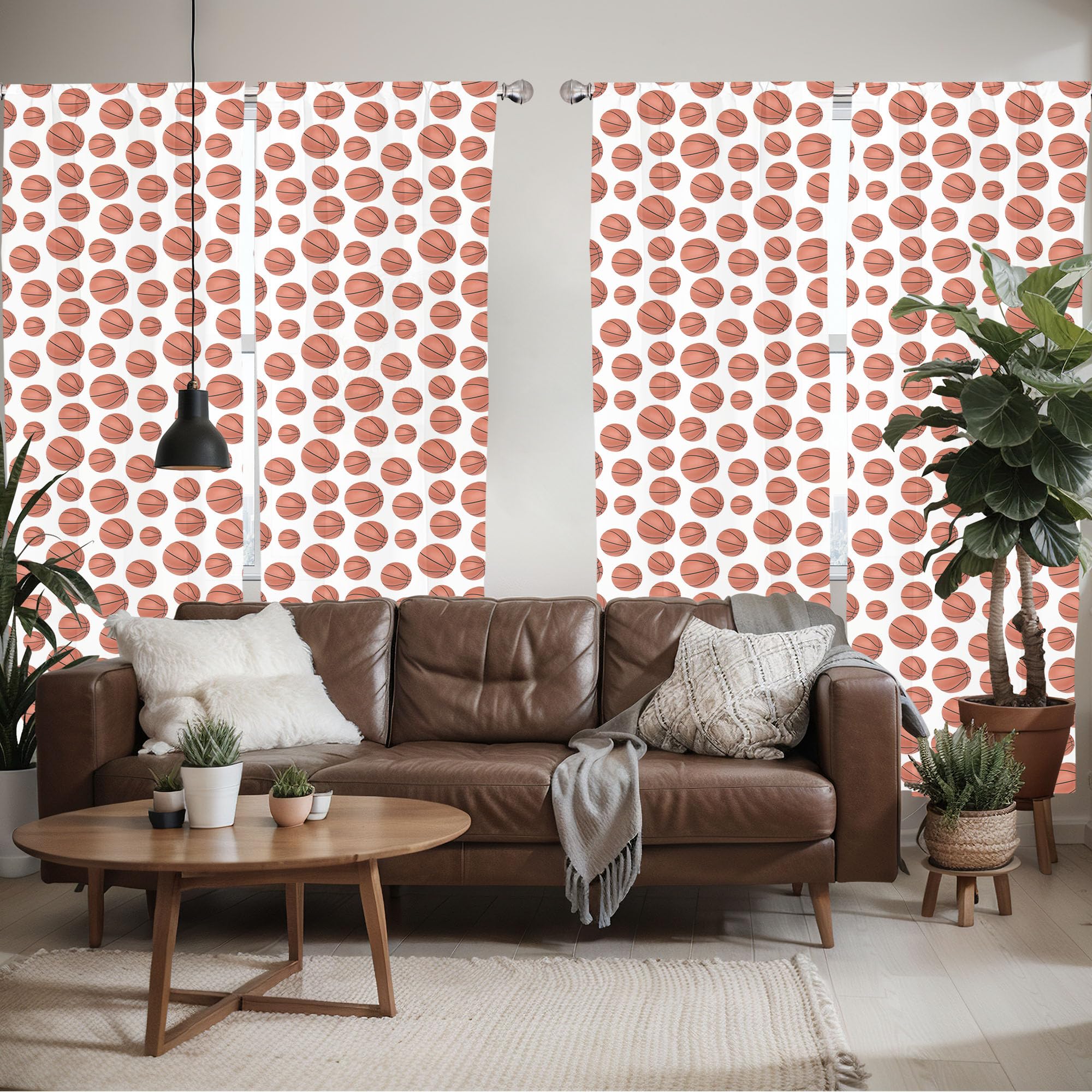 Ambesonne Basketball Window Curtains Pack Of 2, Realistic Style Balls Pattern On White Classical Sports Themed, Lightweight Set