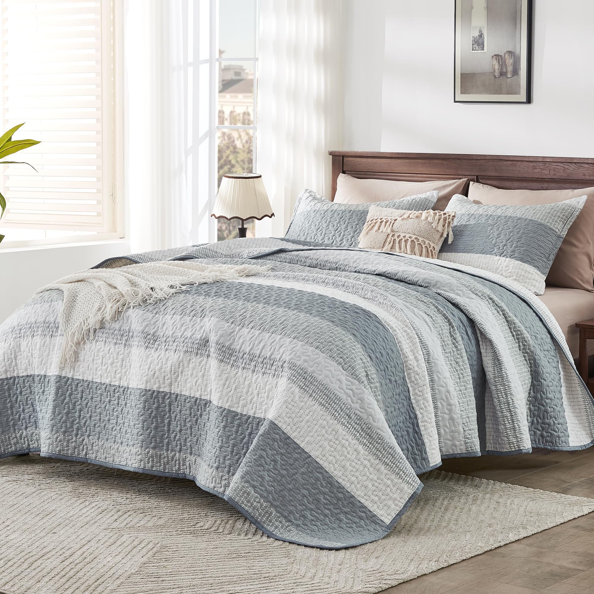 Andency Grey Striped Quilt Twin(68X86Inch), 2 Pieces (1 Striped Quilt And 1 Pillowcase) Patchwork Bedspread Coverlet Set, Soft Microfiber Lightweight Quilted Bedding Set