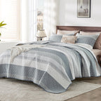 Andency Grey Striped Quilt King(106X96Inch), 3 Pieces (1 Quilt And 2 Pillowcases) Patchwork Bedspread Coverlet Set, Soft Microfiber Quilted Bedding Set