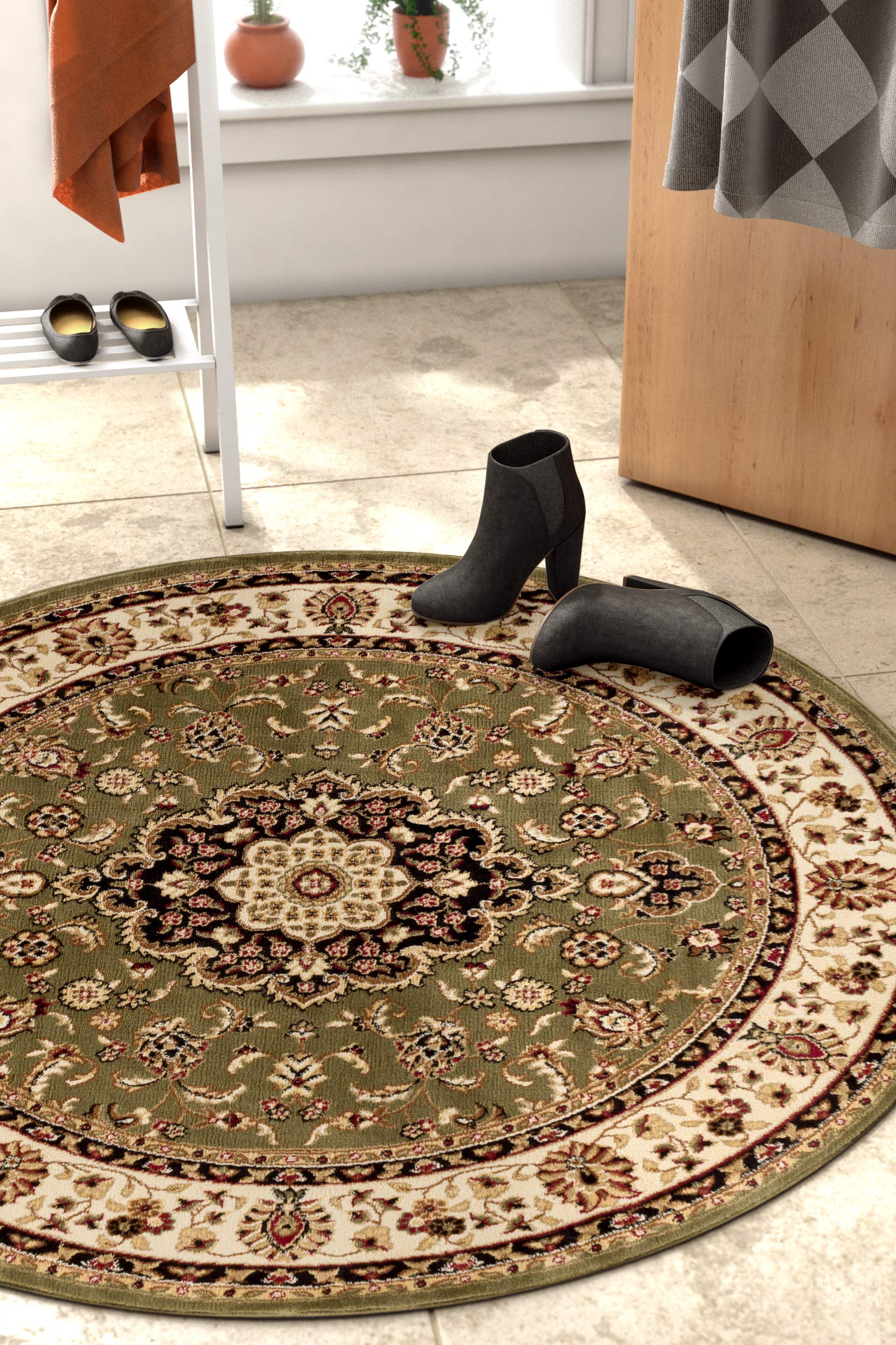 Well Woven Barclay Collection Medallion Kashan Green 5 ft Round Rug - for Living Room, Bedroom, and Dining Room