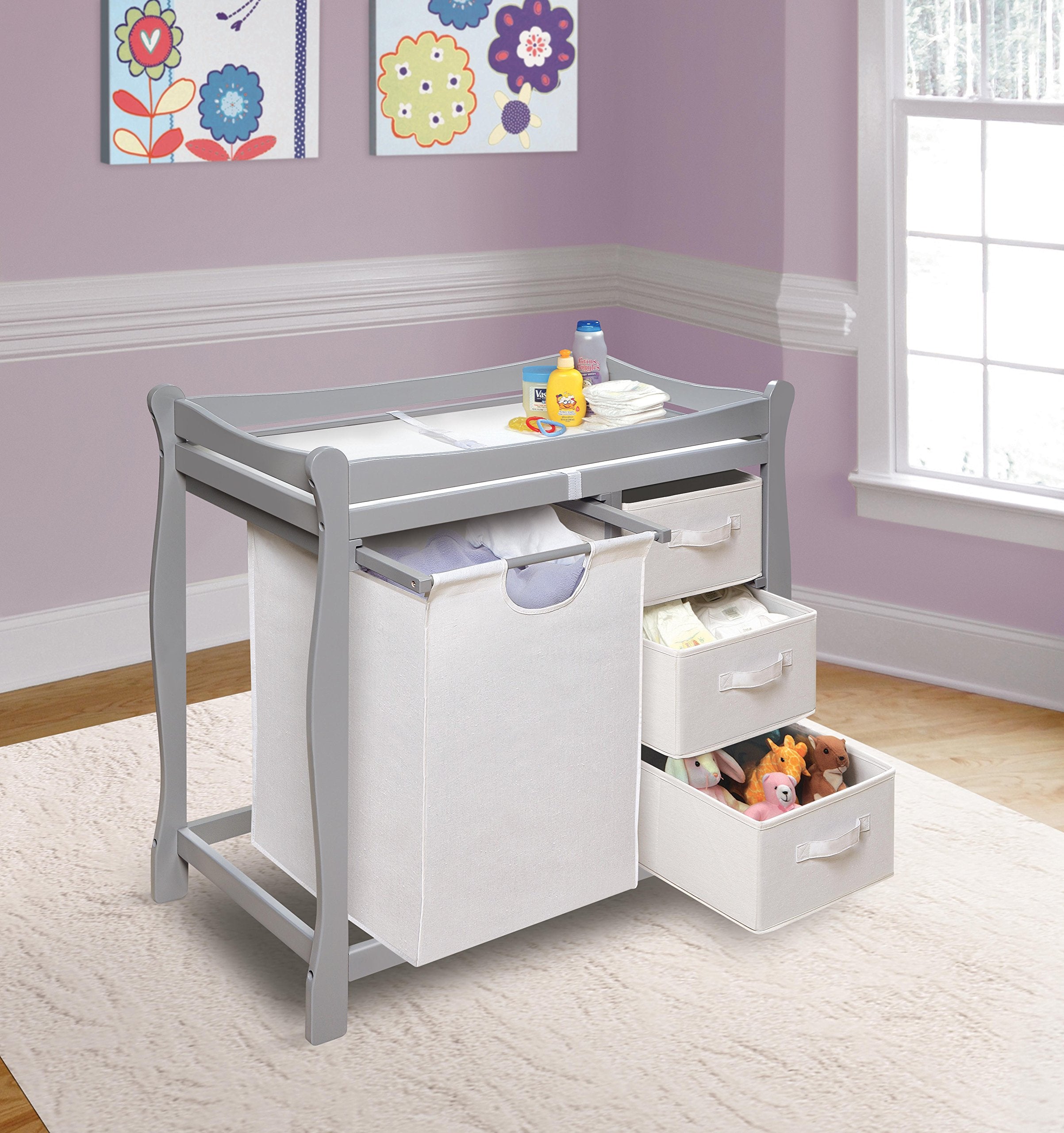 Badger Basket Sleigh-Style Baby Changing Table In Gray – Safe Changing Station With 3 Baskets, Hamper, And Changing Pad