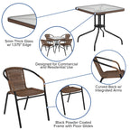 Flash Furniture Lila 28'' Square Glass Metal Table With Dark Brown Rattan Edging And 4 Dark Brown Rattan Stack Chairs