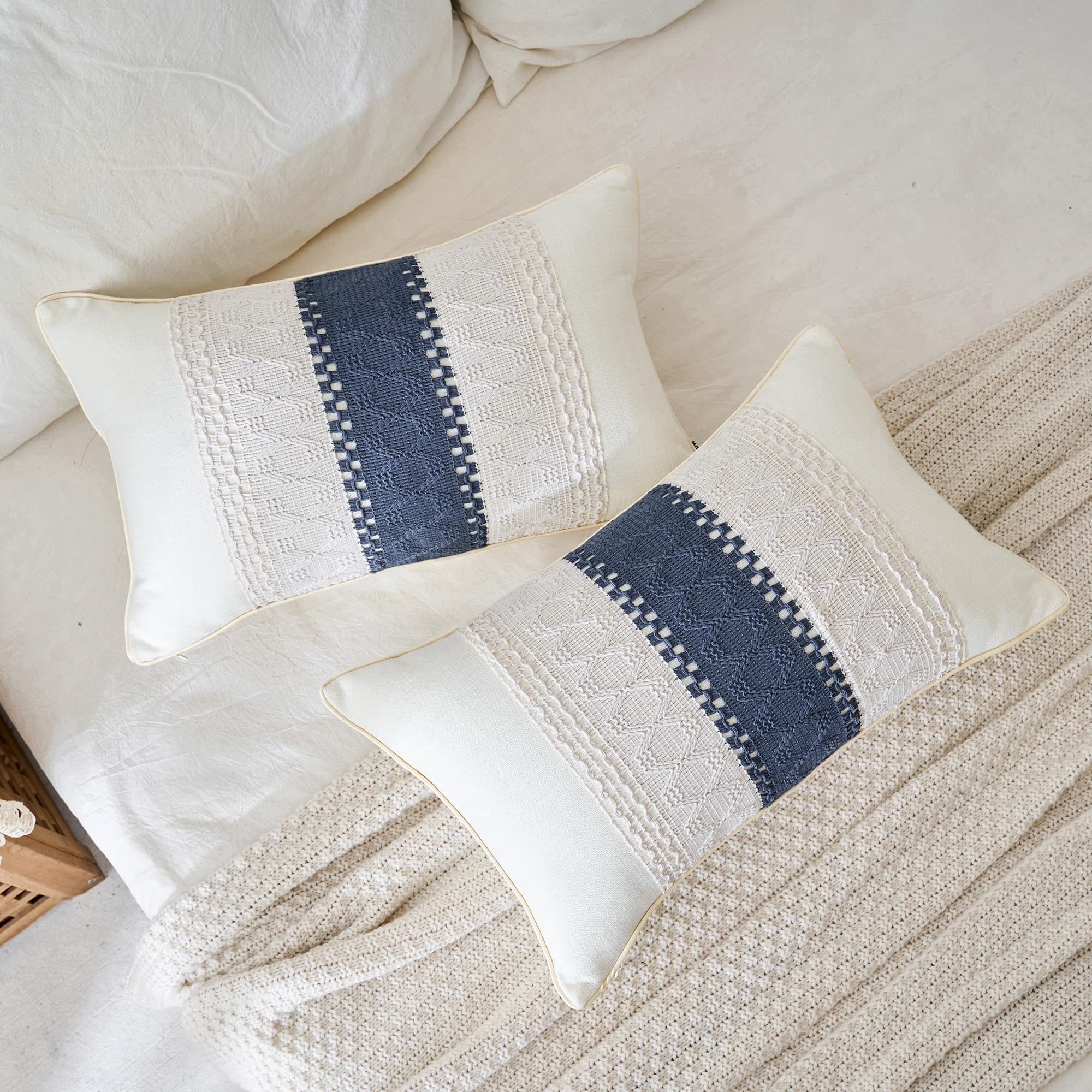 Mayler Yee Throw Pillow Covers Set Of 2 For Boho Living Room, Soft Cotton & Linen, Macrame Lumbar Pillow Cases For Sofa Bed Couc