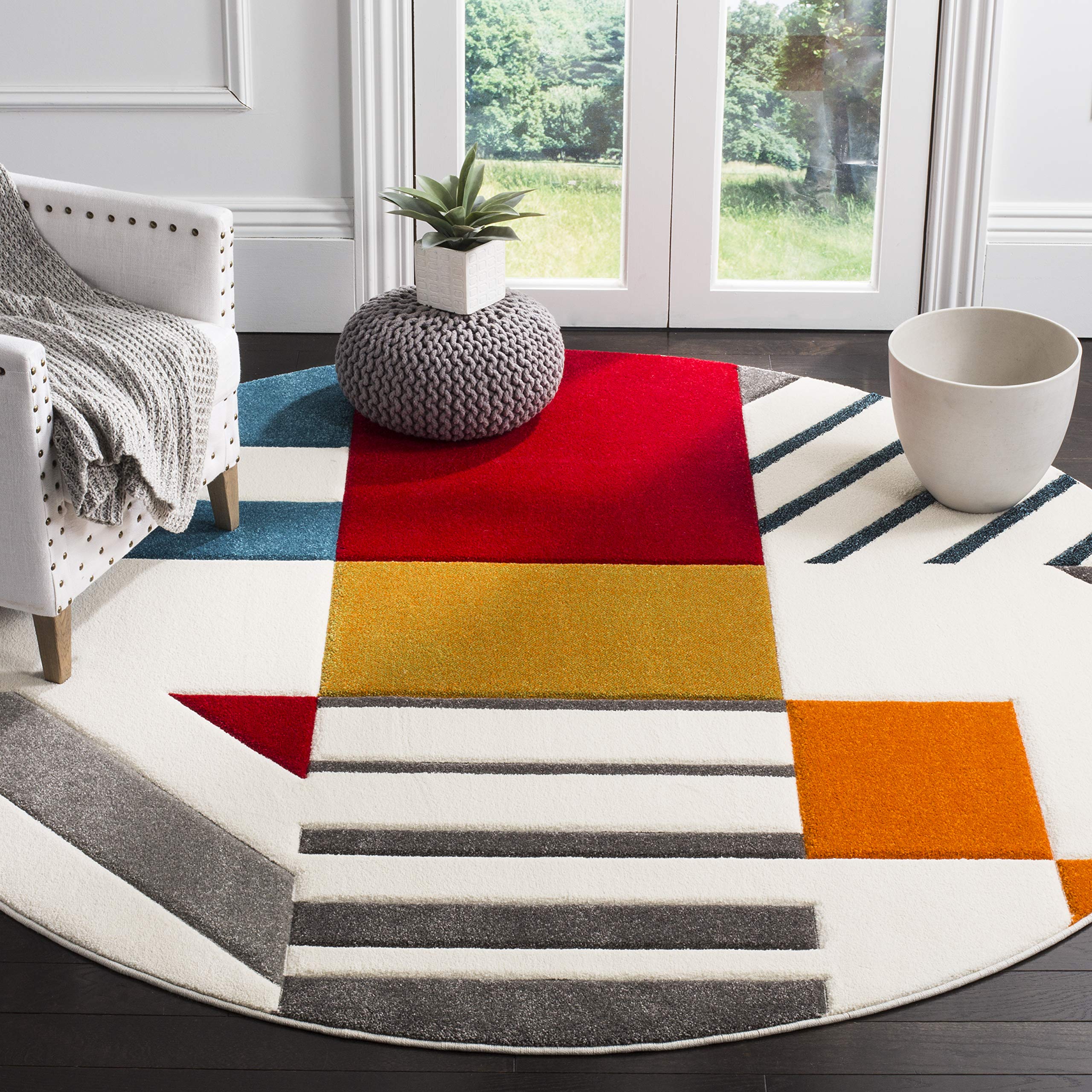 SAFAVIEH Hollywood Collection Area Rug - 67 Round, Ivory & Peacock Blue, Mid-Century Modern Design, Non-Shedding & Easy Care, I