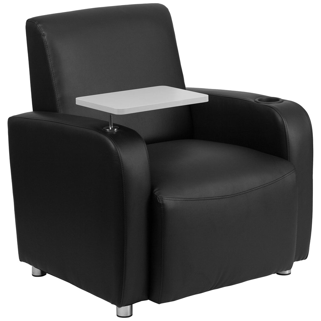 Flash Furniture George Leathersoft Guest Chair With Tablet Arm And Cup Holder, Upholstered Tablet Arm Chair For Offices And Waiting Rooms, Black