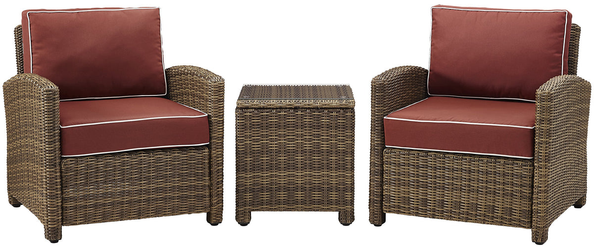 Crosley Furniture Bradenton 3-Piece Outdoor Chair and Side Table Set, Wicker Patio Conversation Sets, Brown with Sangria Cushions