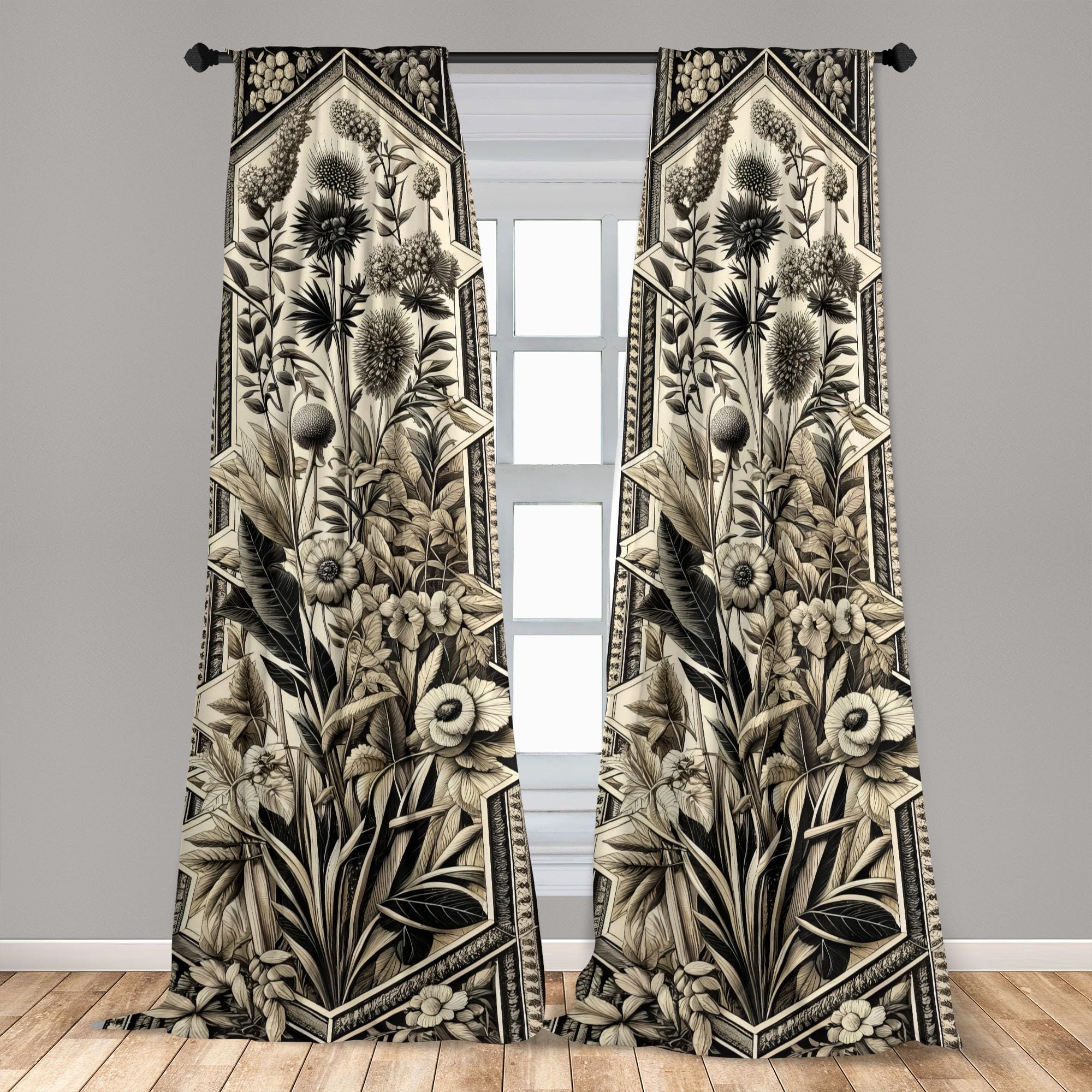Ambesonne Botanical Art Window Curtains, Leafy Floral Huddle Composition With Nostalgia Tones Oriental Details, Lightweight Deco
