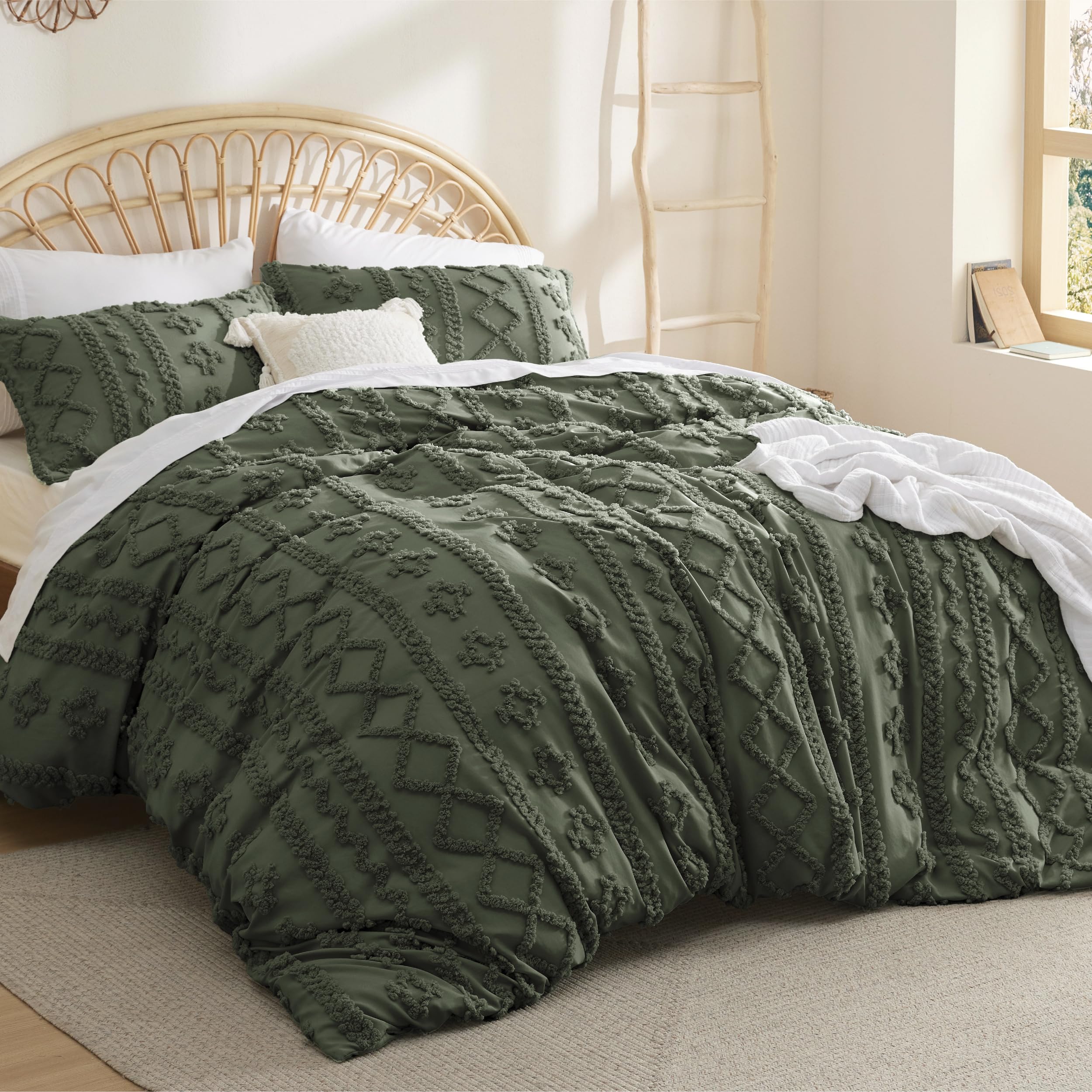 Bedsure Twin/Twin Xl Duvet Cover - Boho Duvet Cover Twin Size For All Seasons, 2 Pieces Soft Shabby Chic Embroidery Boho Bedding Duvet Cover For Gifts (Olive Green, Twin/Twin Xl, 68X90)
