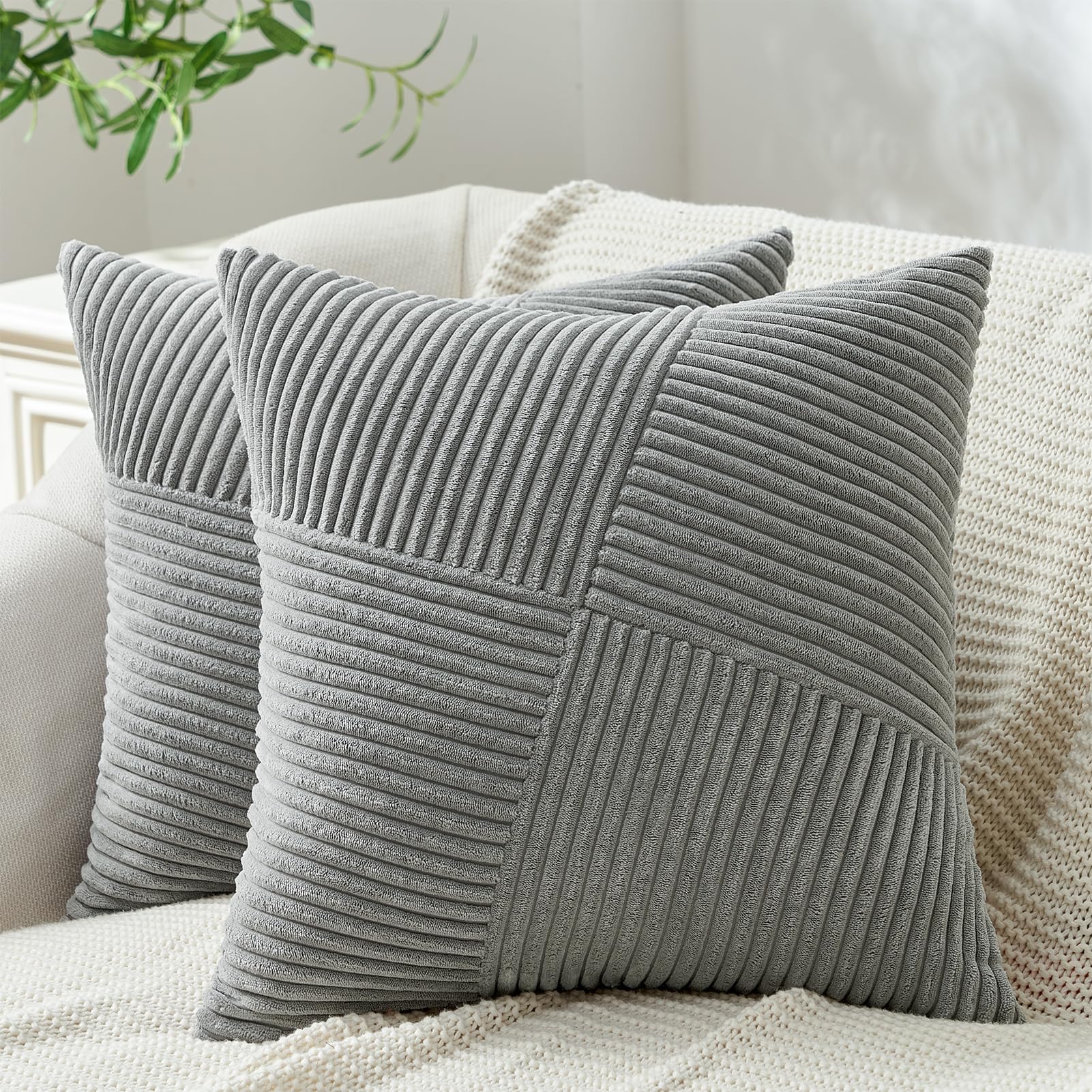 Topfinel Set Of 2 Grey Decorative Throw Pillow Covers 12X12 Inch, Soft Corduroy Pillow Covers Windmill Textured Striped Patchwor