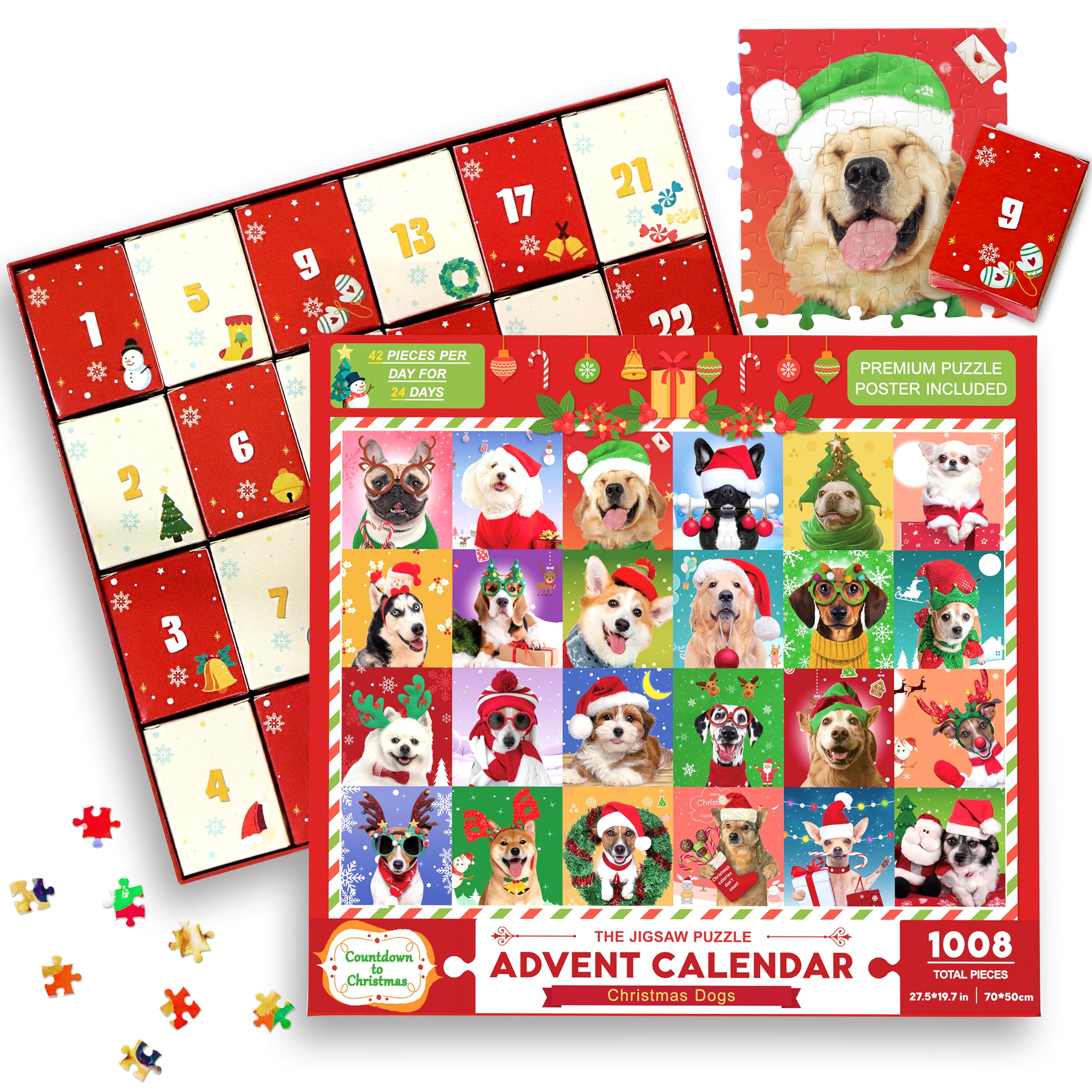 Advent Calendar 2024 Jigsaw Puzzles-Christmas Dogs, 24 Boxes 1008 Pieces Puzzles Countdown to Christmas, Christmas Gifts Stockin
