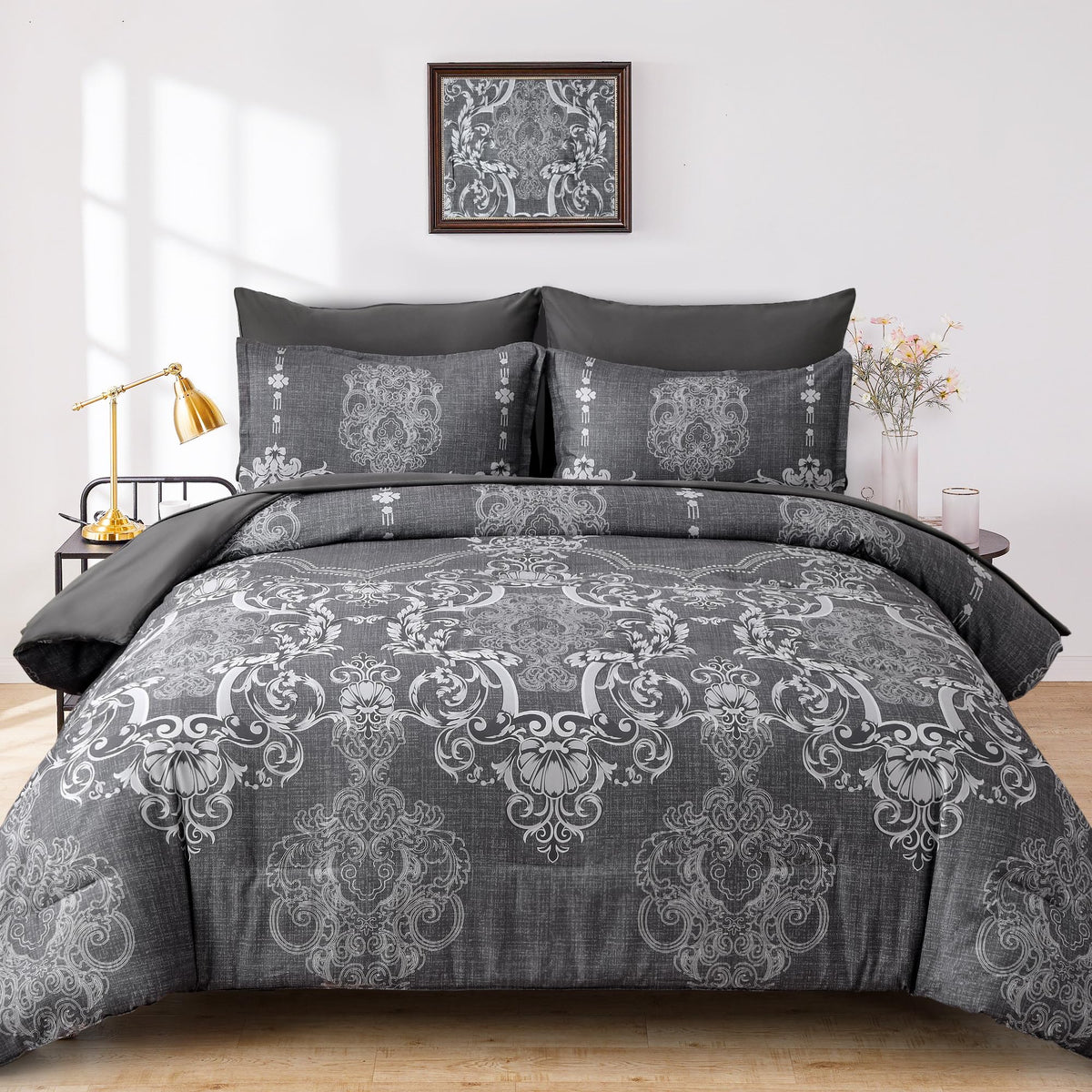 Mybedsoul 7 Pieces Grey Comforter Set King Size, Damask Bed In A Bag For King Bed, Lightweight Microfiber Boho Bedding Sets With