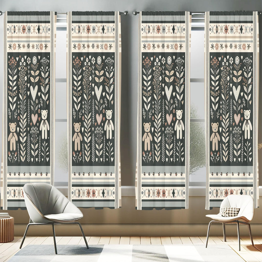 Ambesonne Neutral Window Curtains Pack of 2, Cartoonish Bears Nordic Scandi Themed Leaves Botanical Hearts Minimal Tones, Lightw