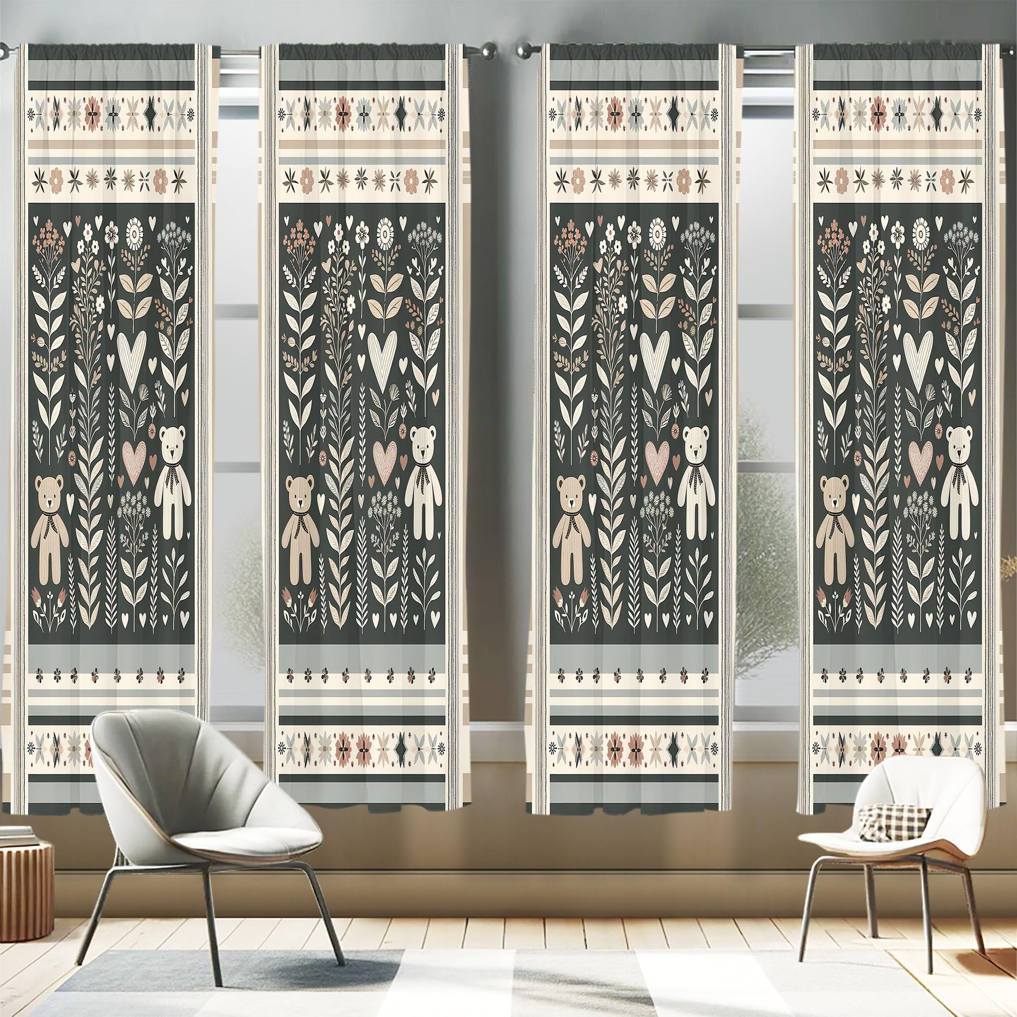 Ambesonne Neutral Window Curtains Pack of 2, Cartoonish Bears Nordic Scandi Themed Leaves Botanical Hearts Minimal Tones, Lightw