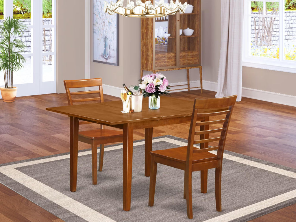 East West Furniture MILA3-SBR-W 3 Piece Dining Table Set for Small Spaces Contains a Rectangle Dining Room Table with Butterfly Leaf and 2 Wooden Seat Chairs, 36x54 Inch, Saddle Brown