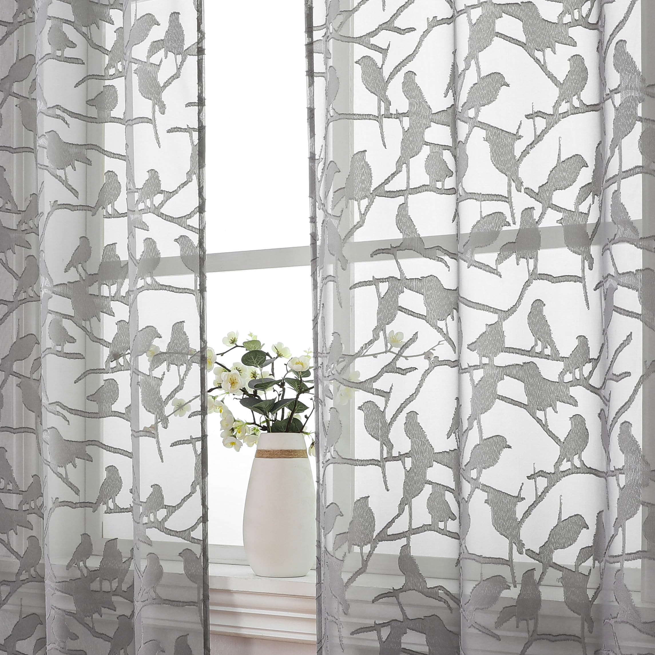 Ovzme Anji Sheer Grey Curtains 63 Inches Long, Light & Airy Privacy Textured Sheer Drapes, Dual Rod Pocket Voile Clipped Birds L