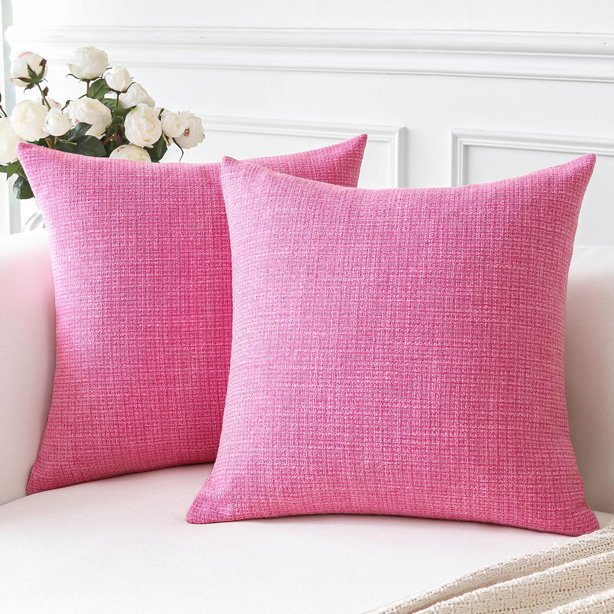 Otostar Linen Throw Pillow Covers Set Of 2 Decorative Square Pillowcases Cushion Covers 22X22 Inch For Home Decor Sofa Bedroom Car 55 X 55 Cm Rose Pink