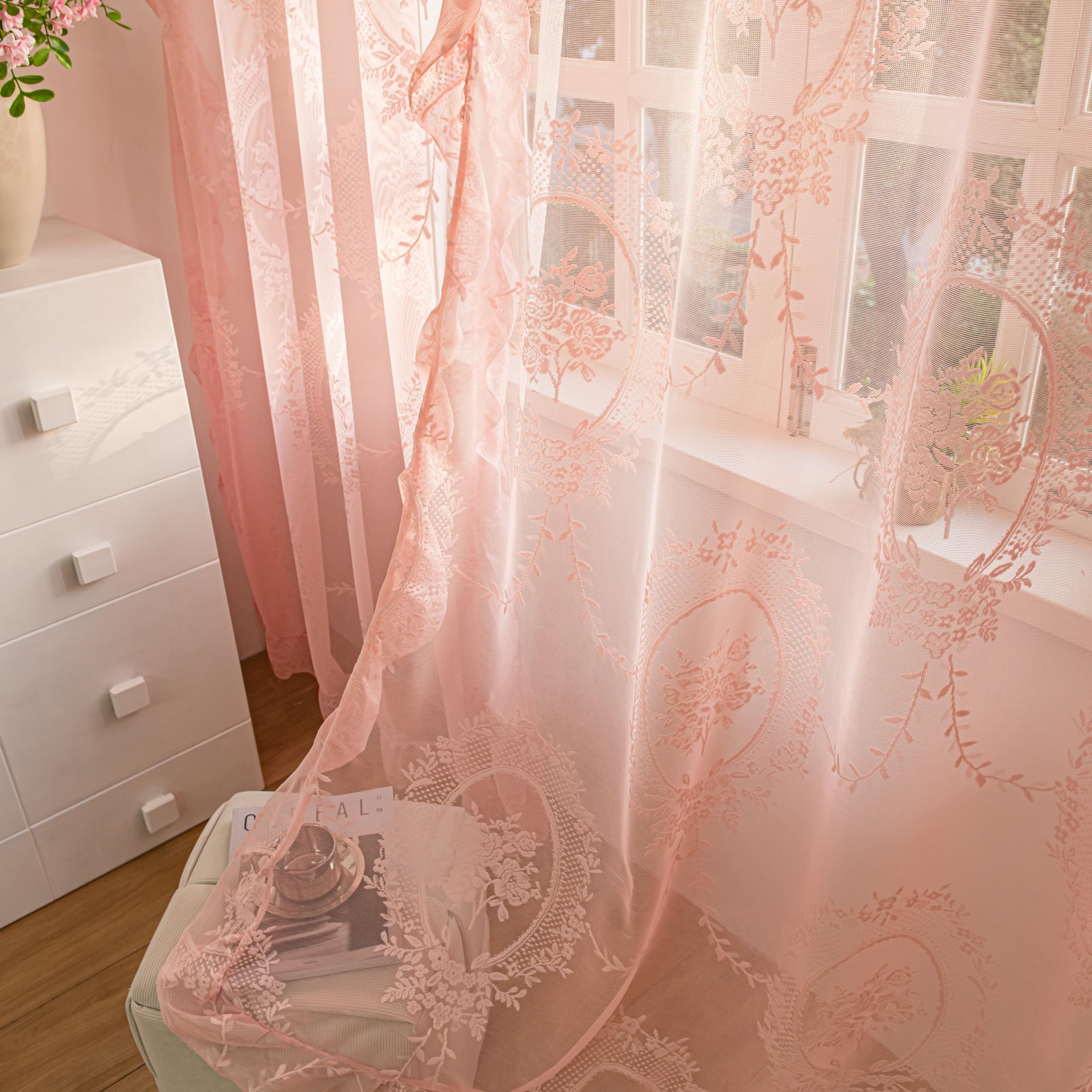 Sutuo Home Pink Lace Curtains Set Of 2, Sheer Panels 63 Inch Length Rose Floral Embroidery Vintage Ruffled Window Treatment Pair