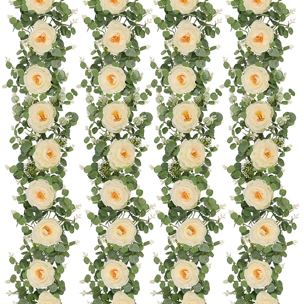 Dolicer 4Pcs 26Ft Artificial Eucalyptus Garlands with Flowers - 8 Camellias, Faux Floral Greenery Garlands Fake Flowers Vines fo