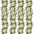 Dolicer 4Pcs 26Ft Artificial Eucalyptus Garlands with Flowers - 8 Camellias, Faux Floral Greenery Garlands Fake Flowers Vines fo