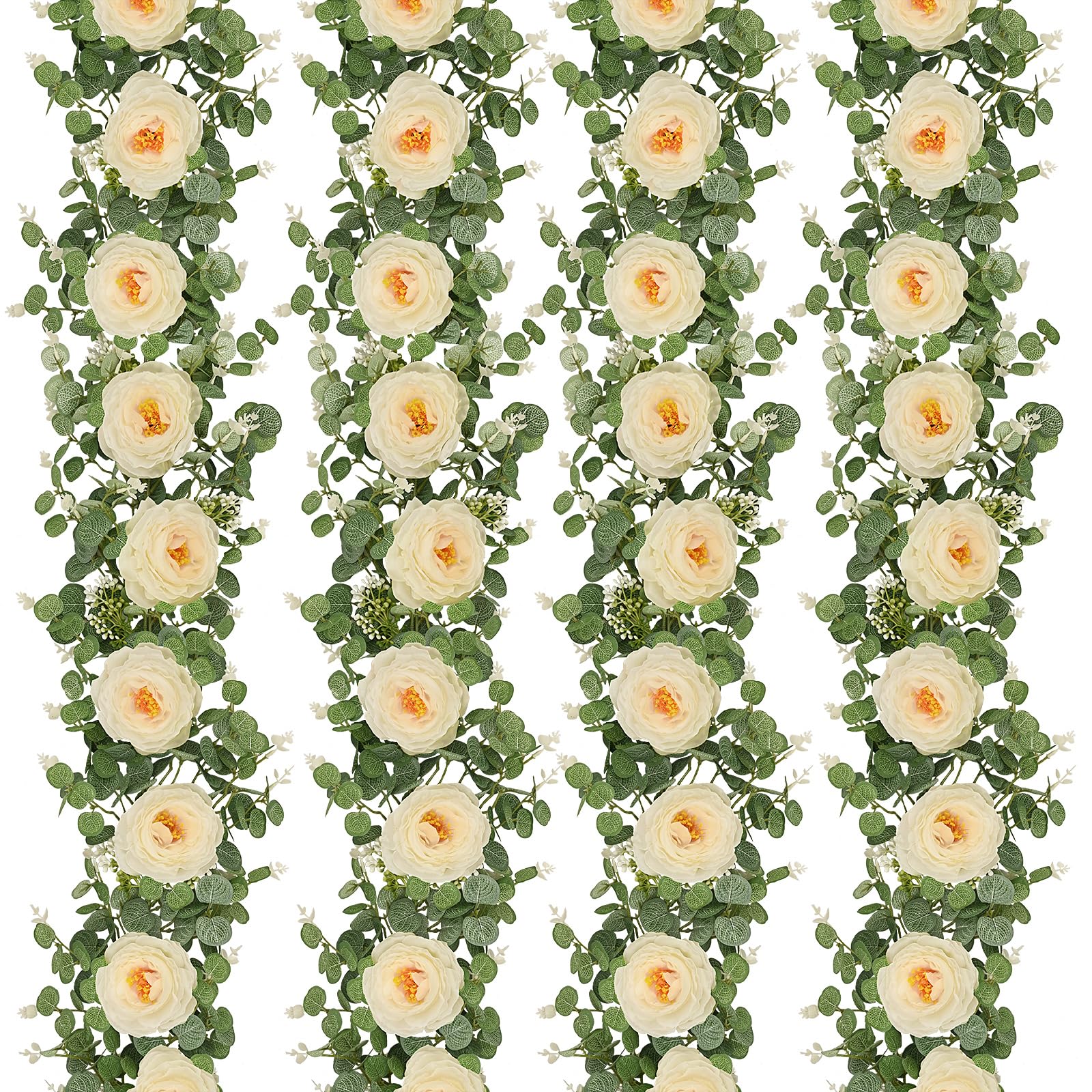Dolicer 4Pcs 26Ft Artificial Eucalyptus Garlands with Flowers - 8 Camellias, Faux Floral Greenery Garlands Fake Flowers Vines fo
