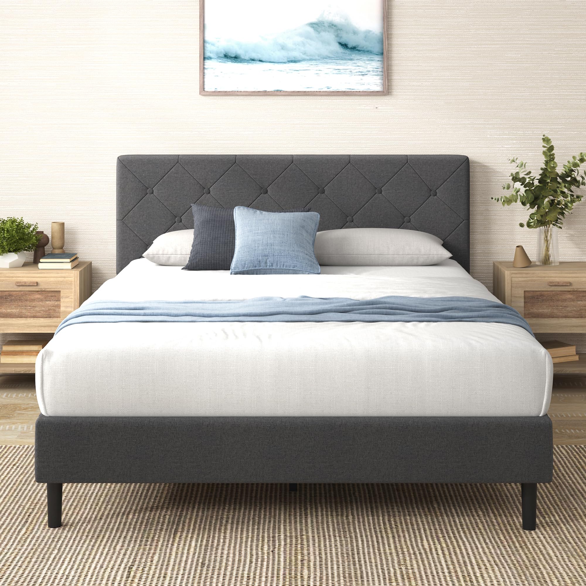 ZINUS Queen Shalini Upholstered Platform Bed Frame with Headboard [New WonderBox(TM) Version], Wooden Slat Support, No Box Sprin