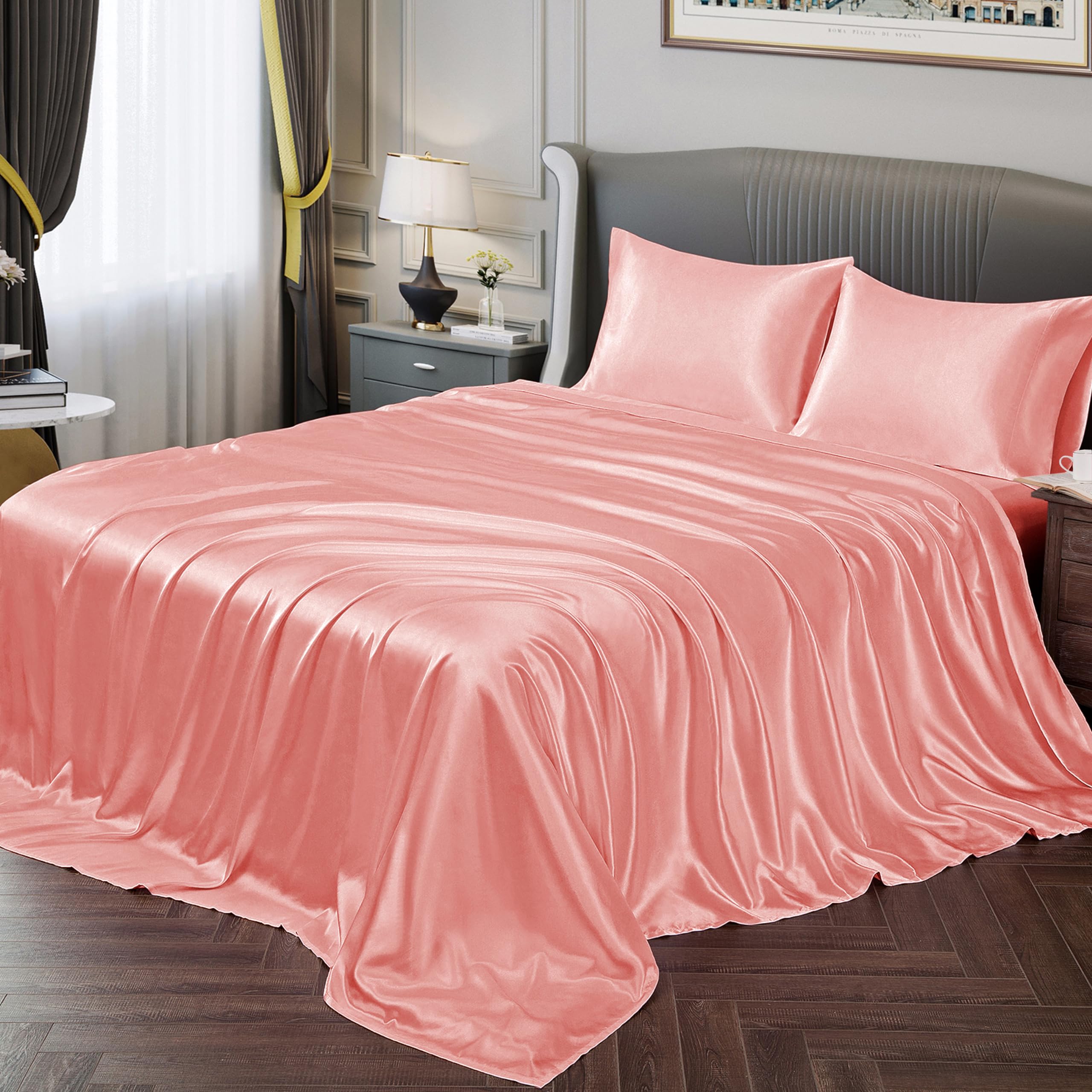 Vonty Satin Sheets Twin Silky Soft Satin Bed Sheets Blush Pink Satin Sheet Set, 1 Deep Pocket Fitted Sheet + 1 Flat Sheet + 1 Pi
