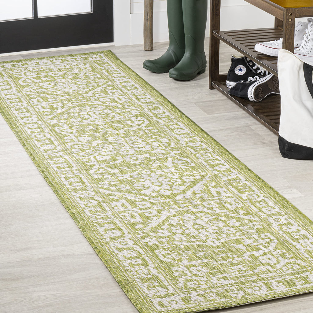 Jonathan Y Smb104D-5Sq Malta Bohemian Medallion Textured Weave Indoor Outdoor Area Rug, Coastal Traditional Transitional Easy Cleaning,Bedroom,Kitchen,Backyard,Patio,Non Shedding 5' Square,Green/Cream