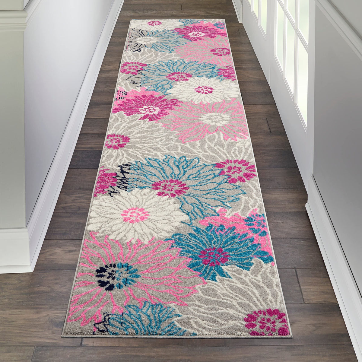 Nourison Passion Grey 2'2' X 10' Area Rug, Floral, Farmhouse, Easy Cleaning, Non Shedding, Bed Room, Living Room, Dining Room,