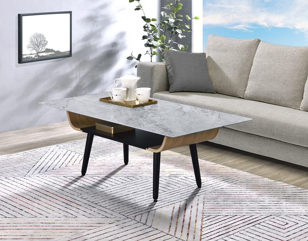 Lilola Home Landon Coffee Table with Glass Gray Marble Texture Top and Bent Wood Design